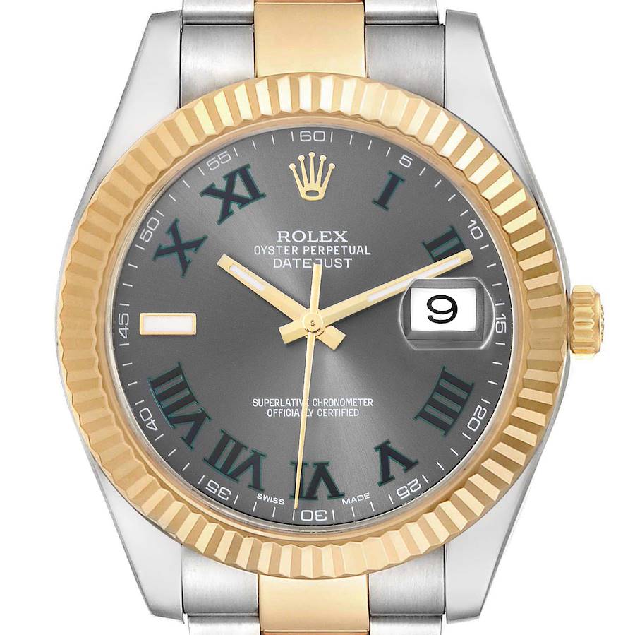 The Rolex Datejust 41 is shown from the front, displaying its gray dial, Roman numerals, gold fluted bezel, and date window.