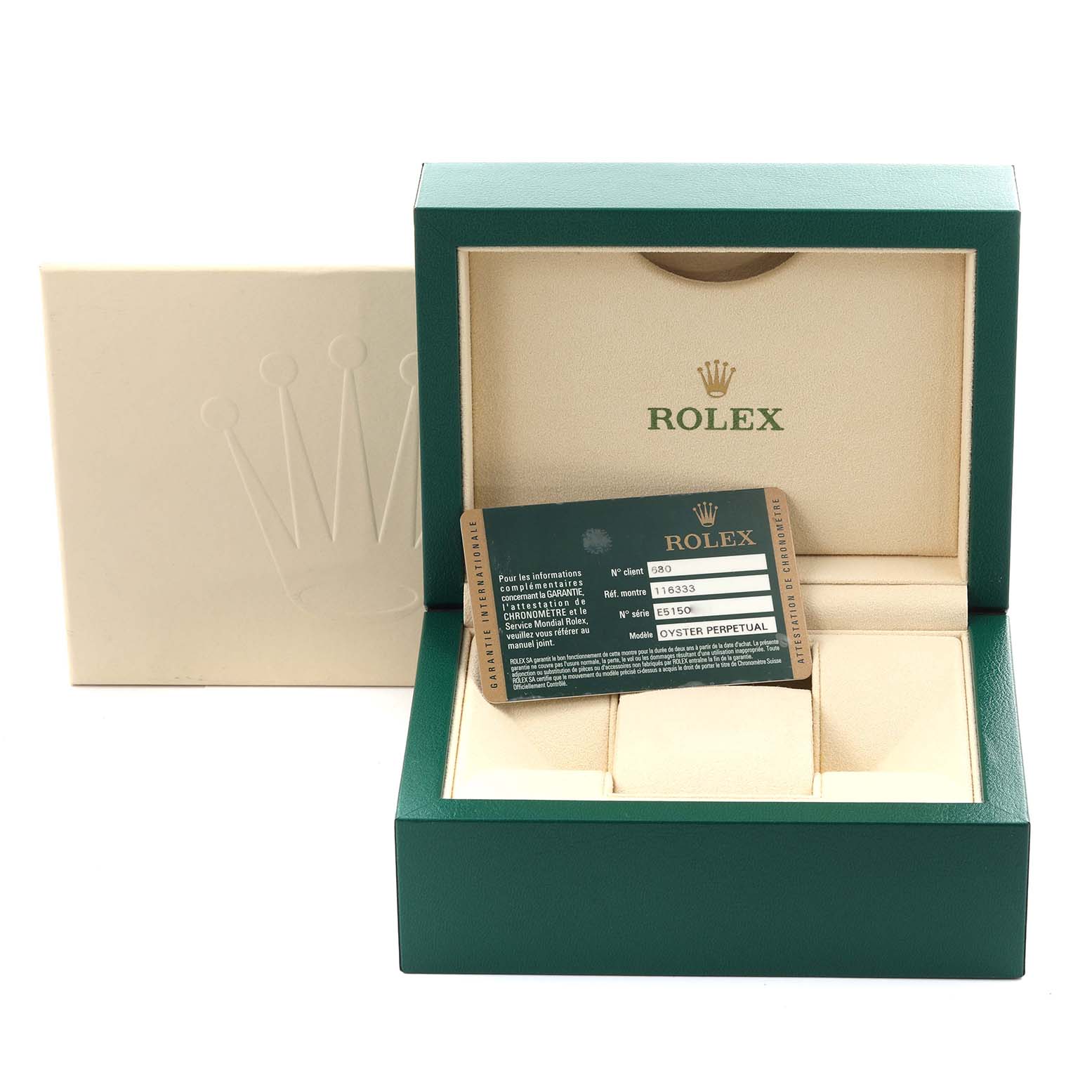 The image shows a Rolex Datejust 41 116333 Men's Steel and Gold (two tone) Grey Dial 116333 Men's Steel and Gold (two tone) Grey Dial packaging with an open green box and a warranty card inside.