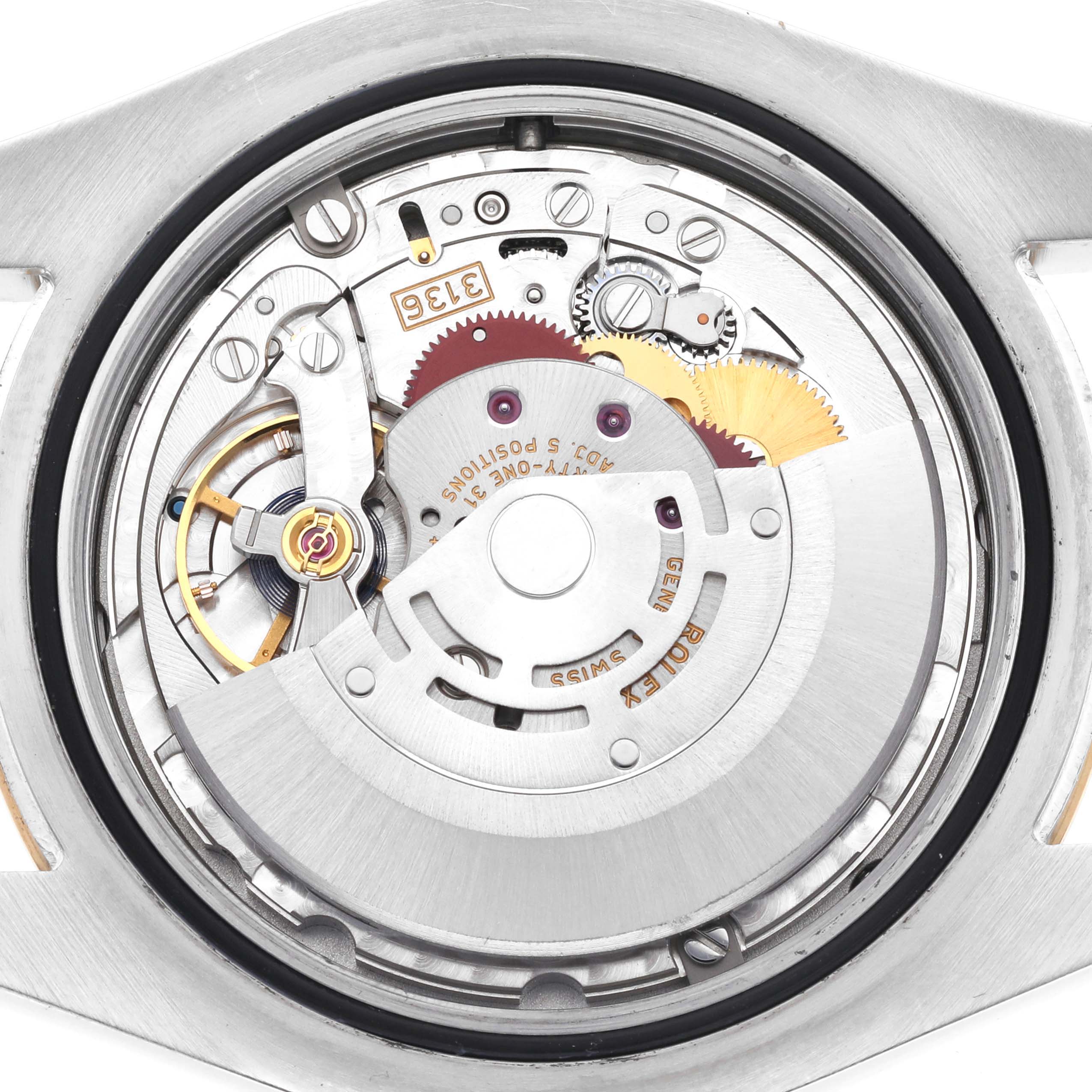 The image shows the back view of the Rolex Datejust 41 116333 Men's Steel and Gold (two tone) Grey Dial 116333 Men's Steel and Gold (two tone) Grey Dial, displaying its intricate movement components.