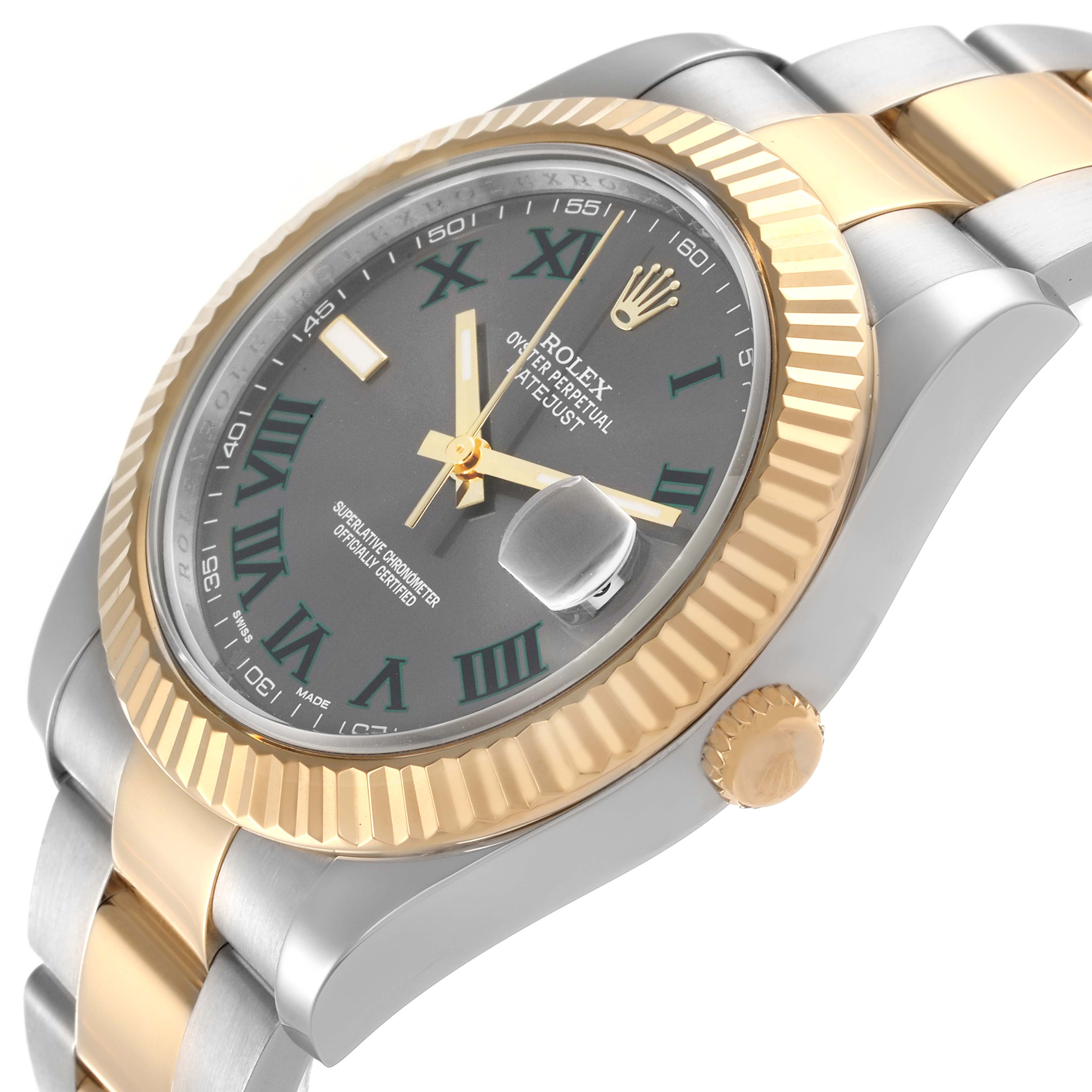 The Rolex Datejust 41 116333 Men's Steel and Gold (two tone) Grey Dial 116333 Men's Steel and Gold (two tone) Grey Dial is shown from an angled side view, highlighting the bezel, crown, and part of the bracelet.