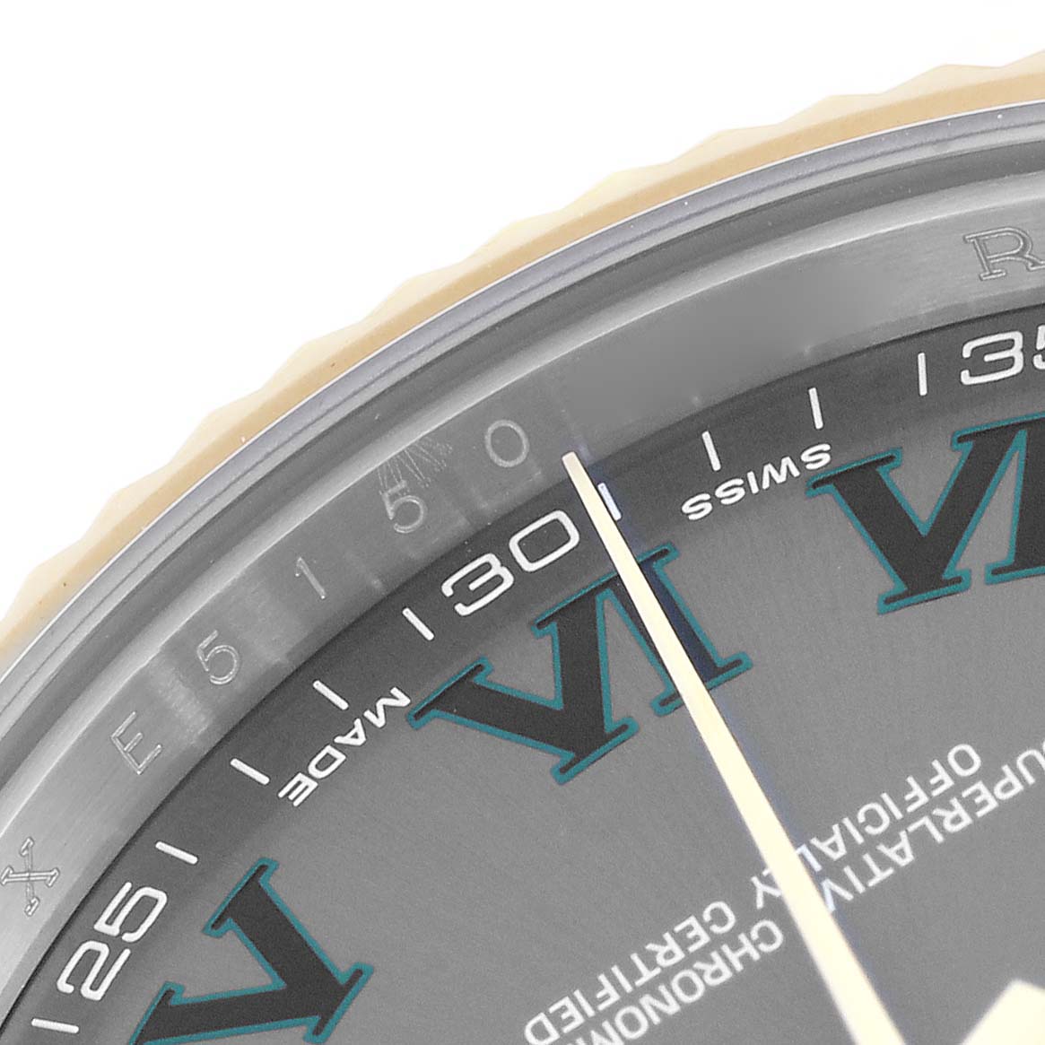 The image shows a close-up of the dial and a partial view of the bezel of the Rolex Datejust 41 116333 Men's Steel and Gold (two tone) Grey Dial 116333 Men's Steel and Gold (two tone) Grey Dial watch.