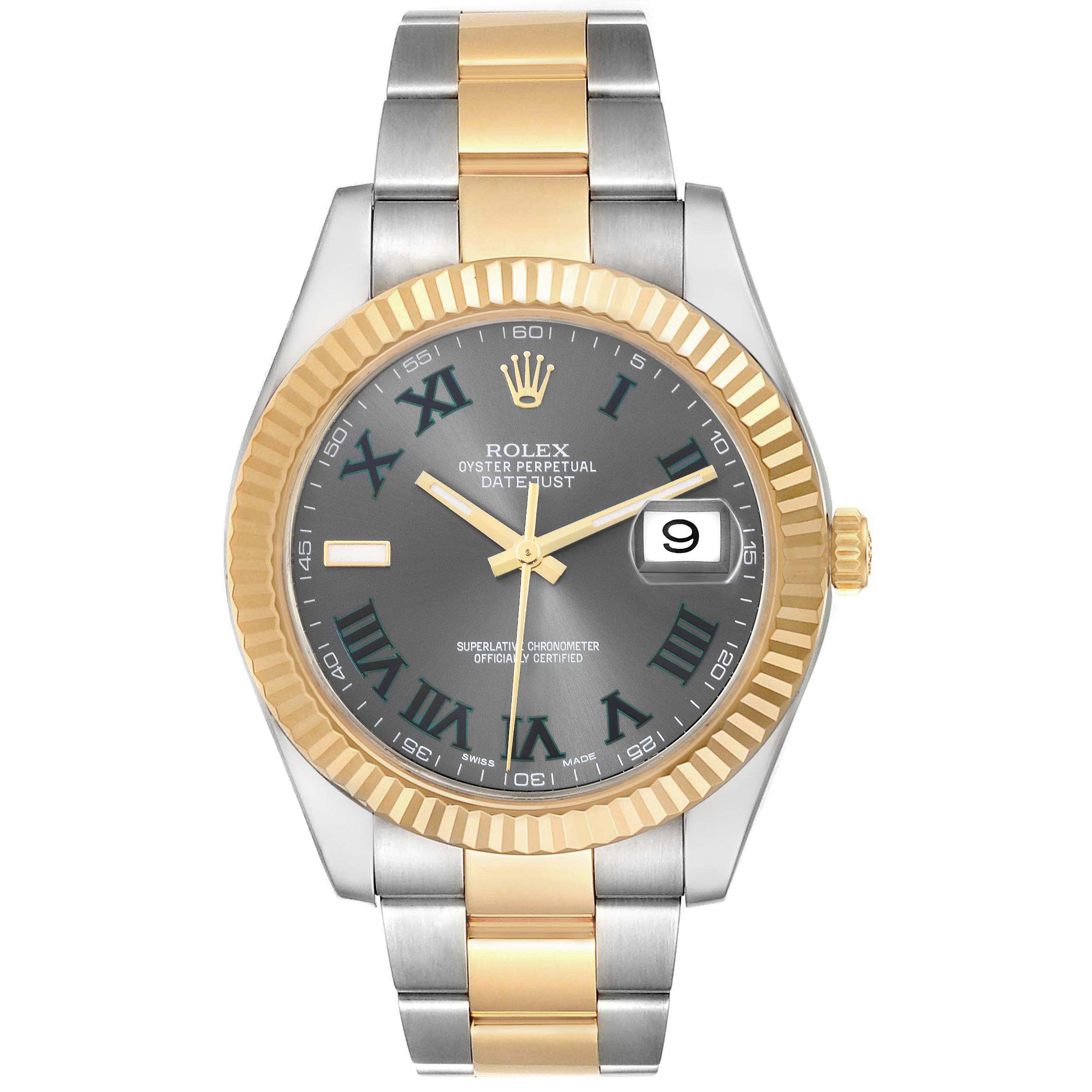 The Rolex Datejust 41 116333 Men's Steel and Gold (two tone) Grey Dial 116333 Men's Steel and Gold (two tone) Grey Dial watch is shown from a front angle, displaying the bezel, dial, hands, and part of the bracelet.