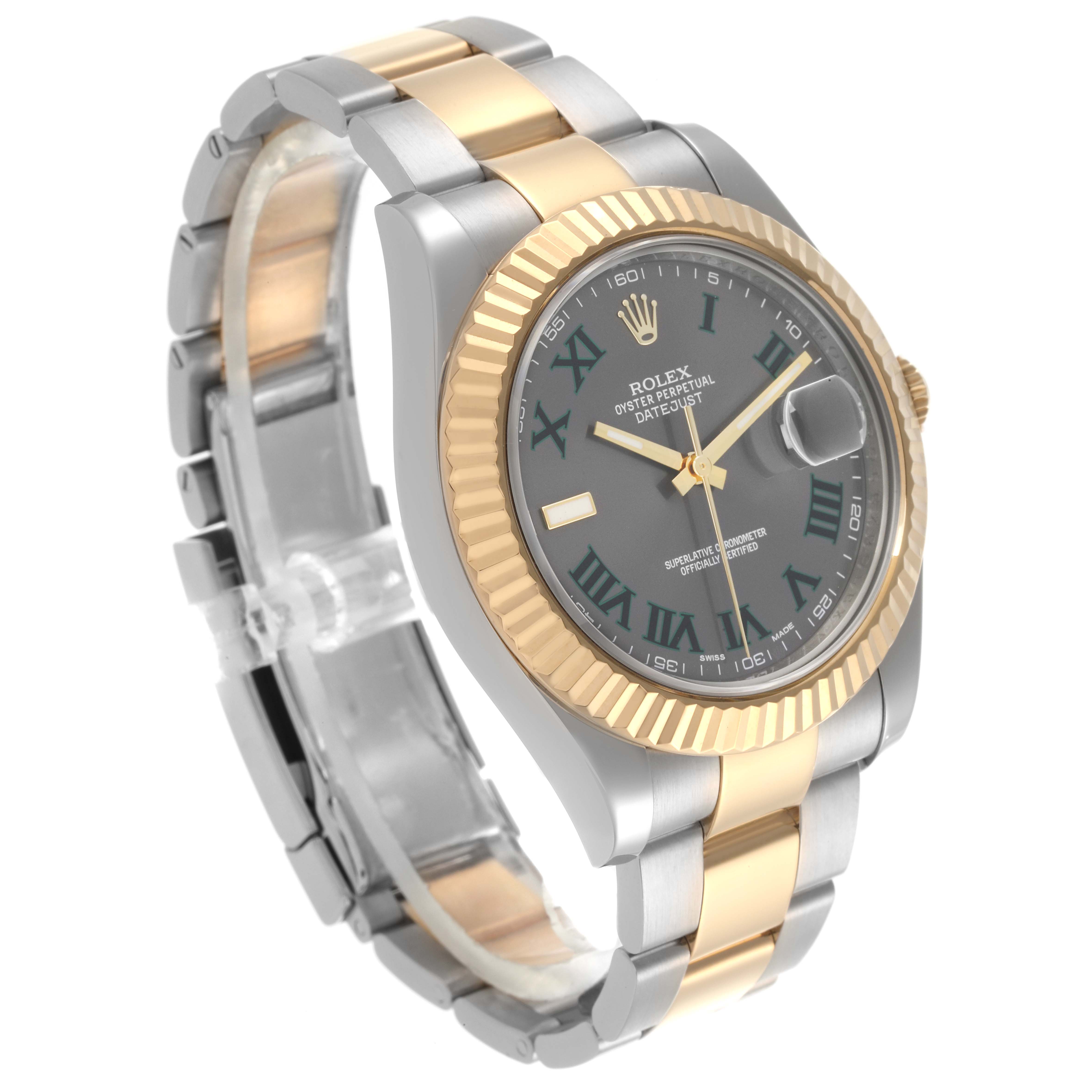 The image shows a Rolex Datejust 41 116333 Men's Steel and Gold (two tone) Grey Dial 116333 Men's Steel and Gold (two tone) Grey Dial watch at an angled side view, highlighting its two-tone bracelet and fluted bezel.