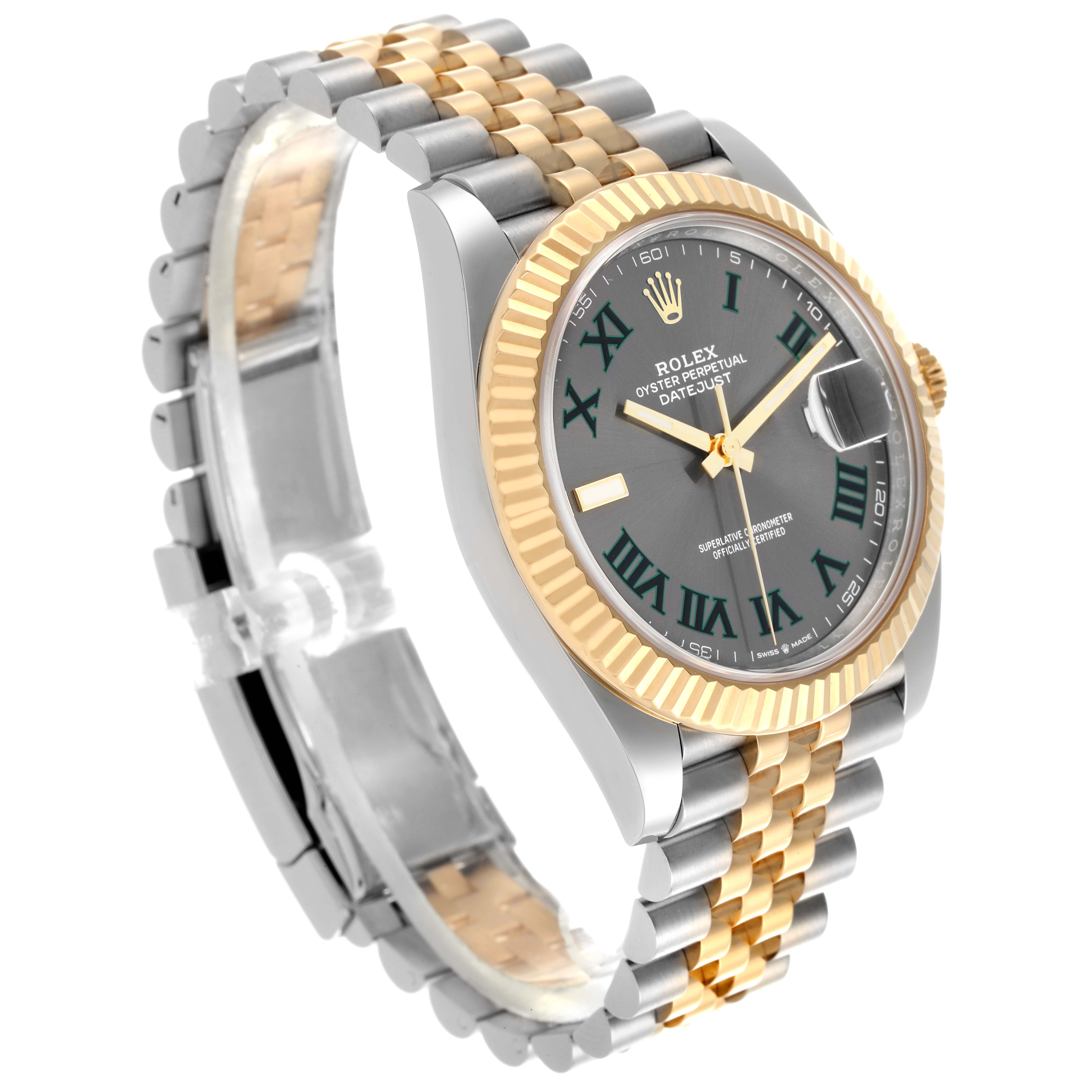 The Rolex Datejust 41 126333 Men's Steel and Gold (two tone) Grey Dial 126333 Men's Steel and Gold (two tone) Grey Dial is shown at a slight angle, highlighting its bezel, bracelet, and dial.
