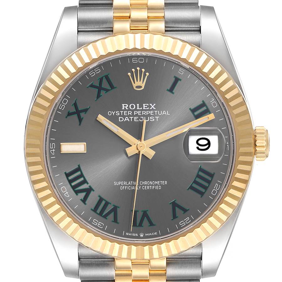 The Rolex Datejust 41 is shown from the front, highlighting its grey dial, gold fluted bezel, and two-tone bracelet.