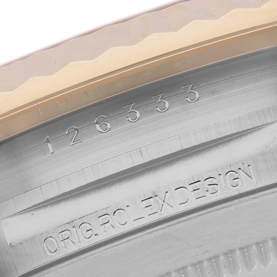 The image shows the rehaut engraving of a Rolex Datejust 41 126333 Men's Steel and Gold (two tone) Grey Dial 126333 Men's Steel and Gold (two tone) Grey Dial, with the model number and "ORIG. ROLEX DESIGN" visible.