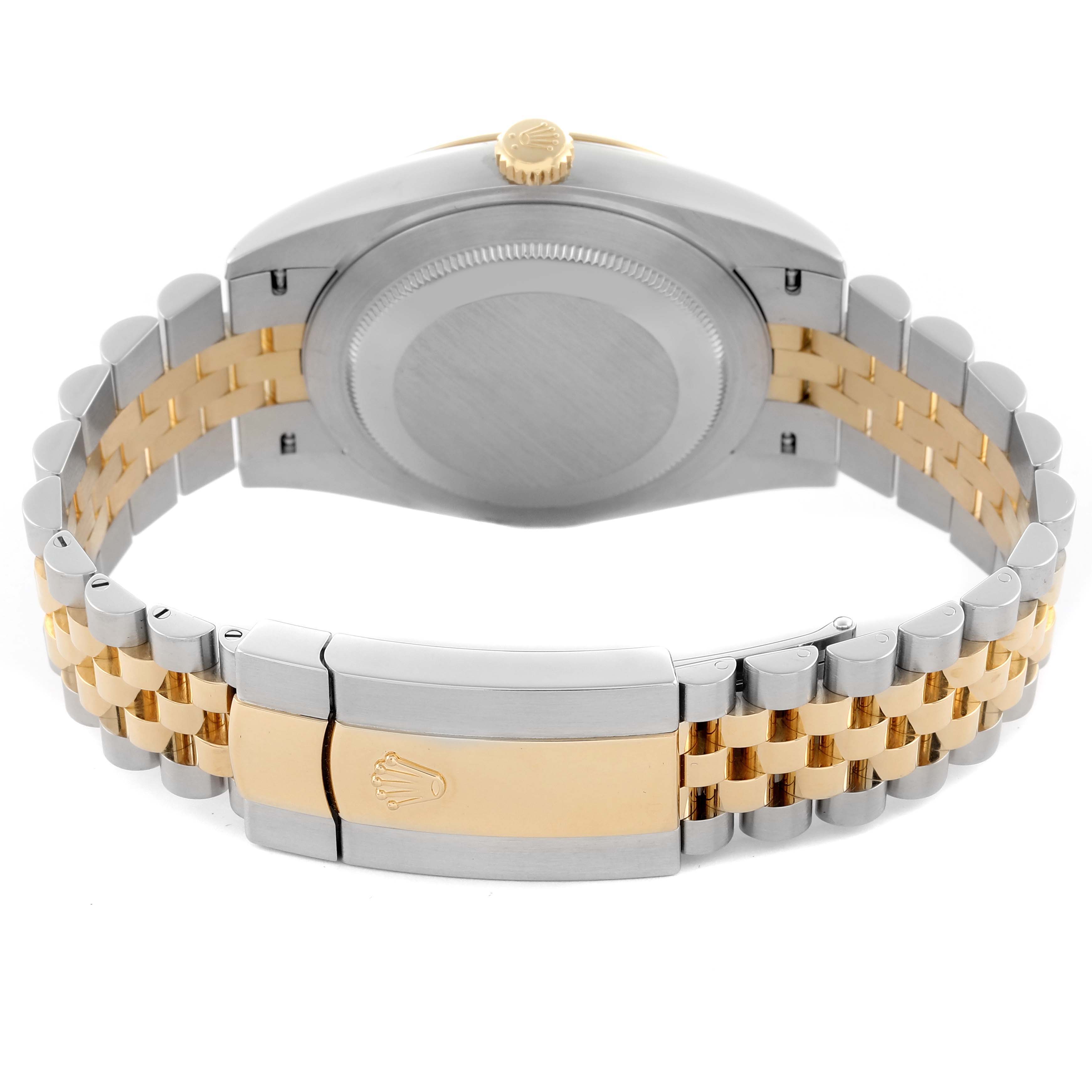 The Rolex Datejust 41 126333 Men's Steel and Gold (two tone) Grey Dial 126333 Men's Steel and Gold (two tone) Grey Dial is shown from the back, highlighting the clasp and two-tone bracelet.
