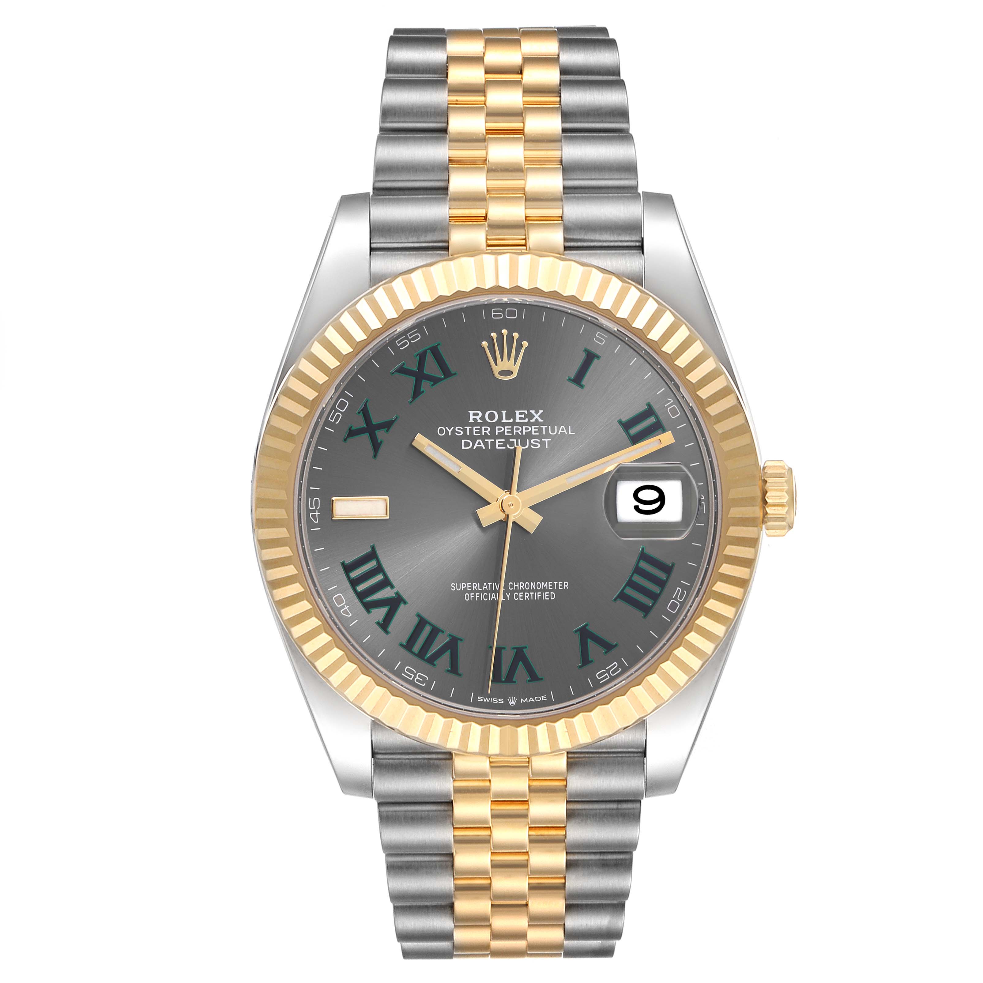 The Rolex Datejust 41 126333 Men's Steel and Gold (two tone) Grey Dial 126333 Men's Steel and Gold (two tone) Grey Dial watch is shown from the front, displaying its face, bezel, crown, and bracelet.