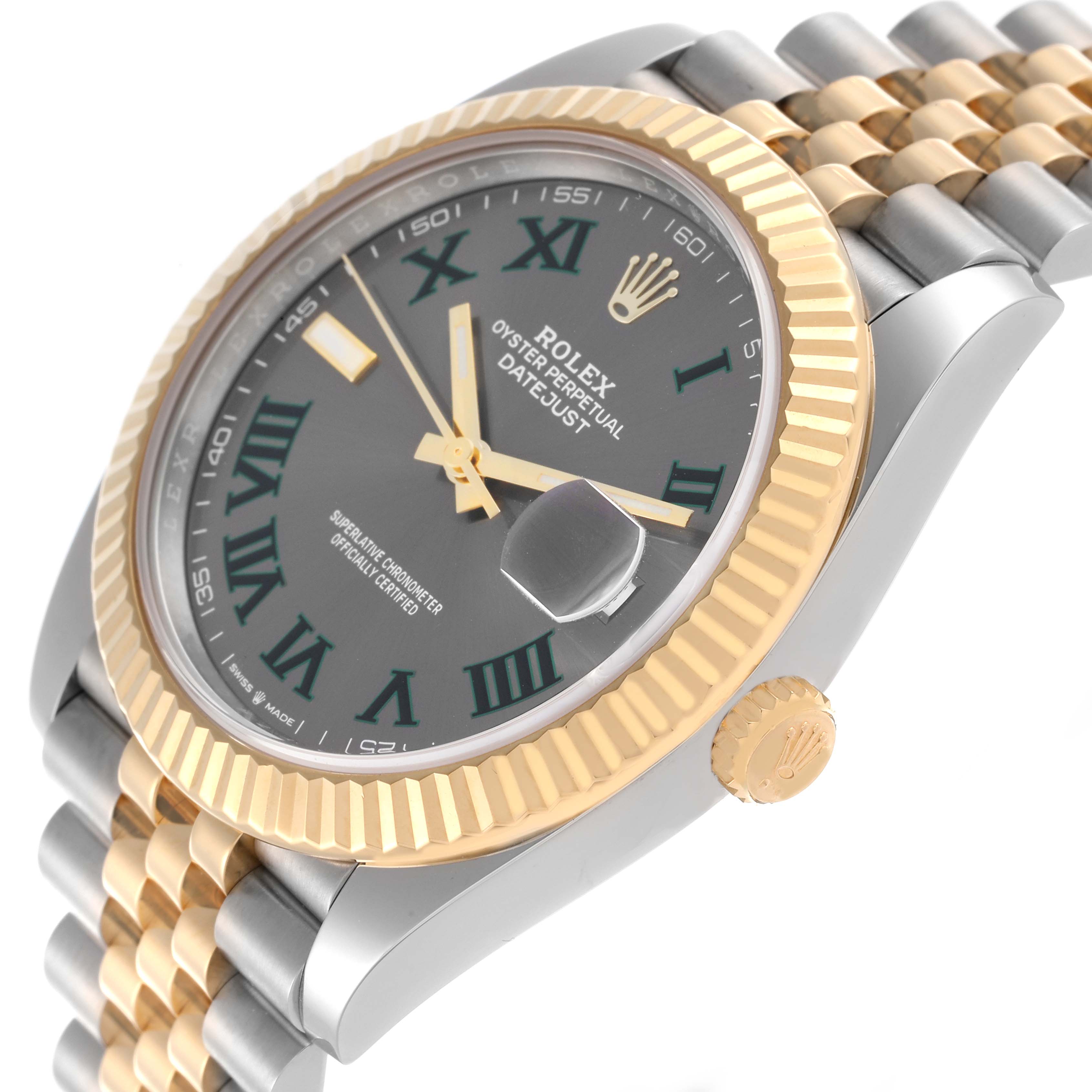 The Rolex Datejust 41 126333 Men's Steel and Gold (two tone) Grey Dial 126333 Men's Steel and Gold (two tone) Grey Dial watch is shown at a three-quarter angle, highlighting the dial, fluted bezel, and Jubilee bracelet.