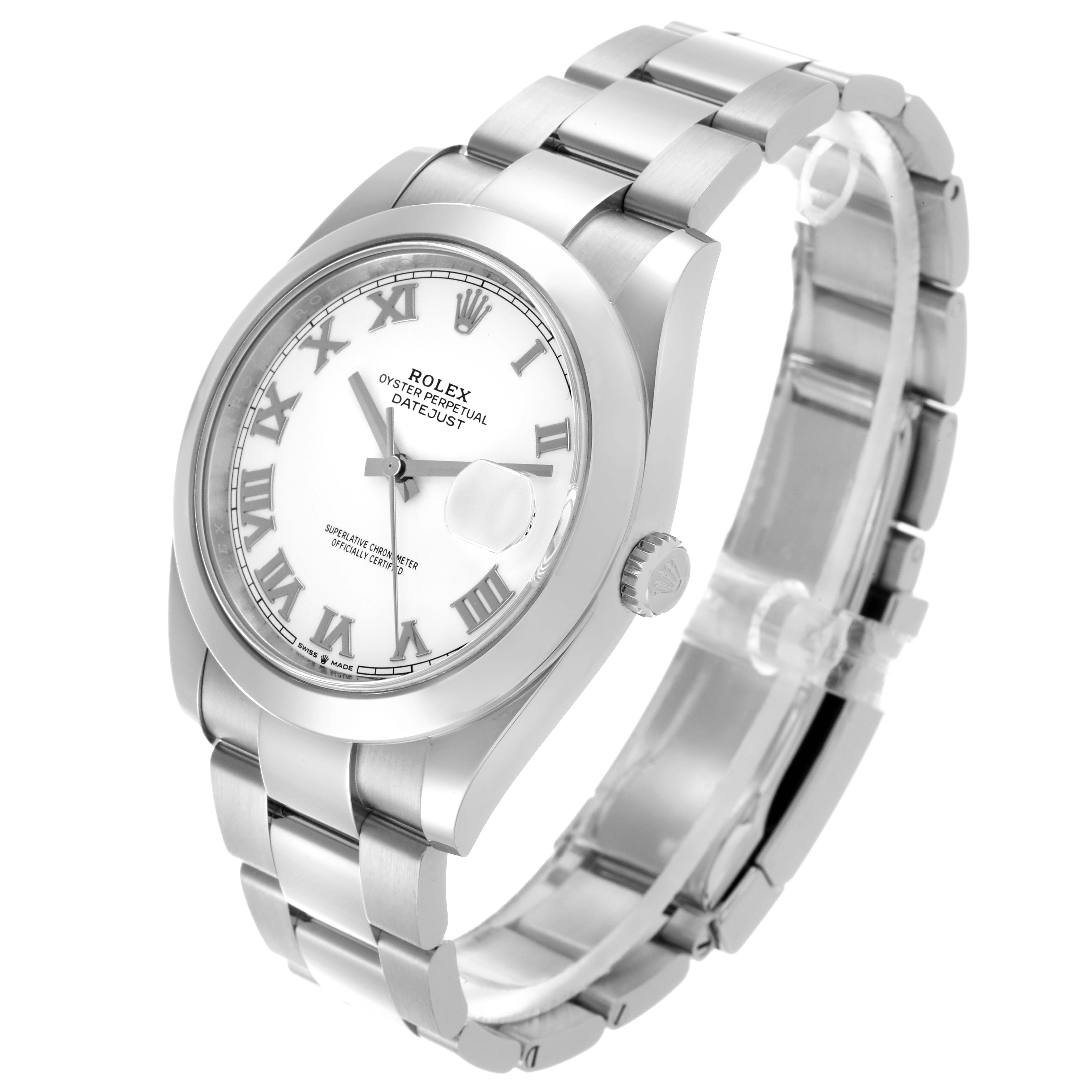 The Rolex Datejust 41 126300 Men
s Stainless Steel White Dial 126300 Men
s Stainless Steel White Dial is shown at a three-quarter angle, displaying the face, bezel, bracelet, and side profile.