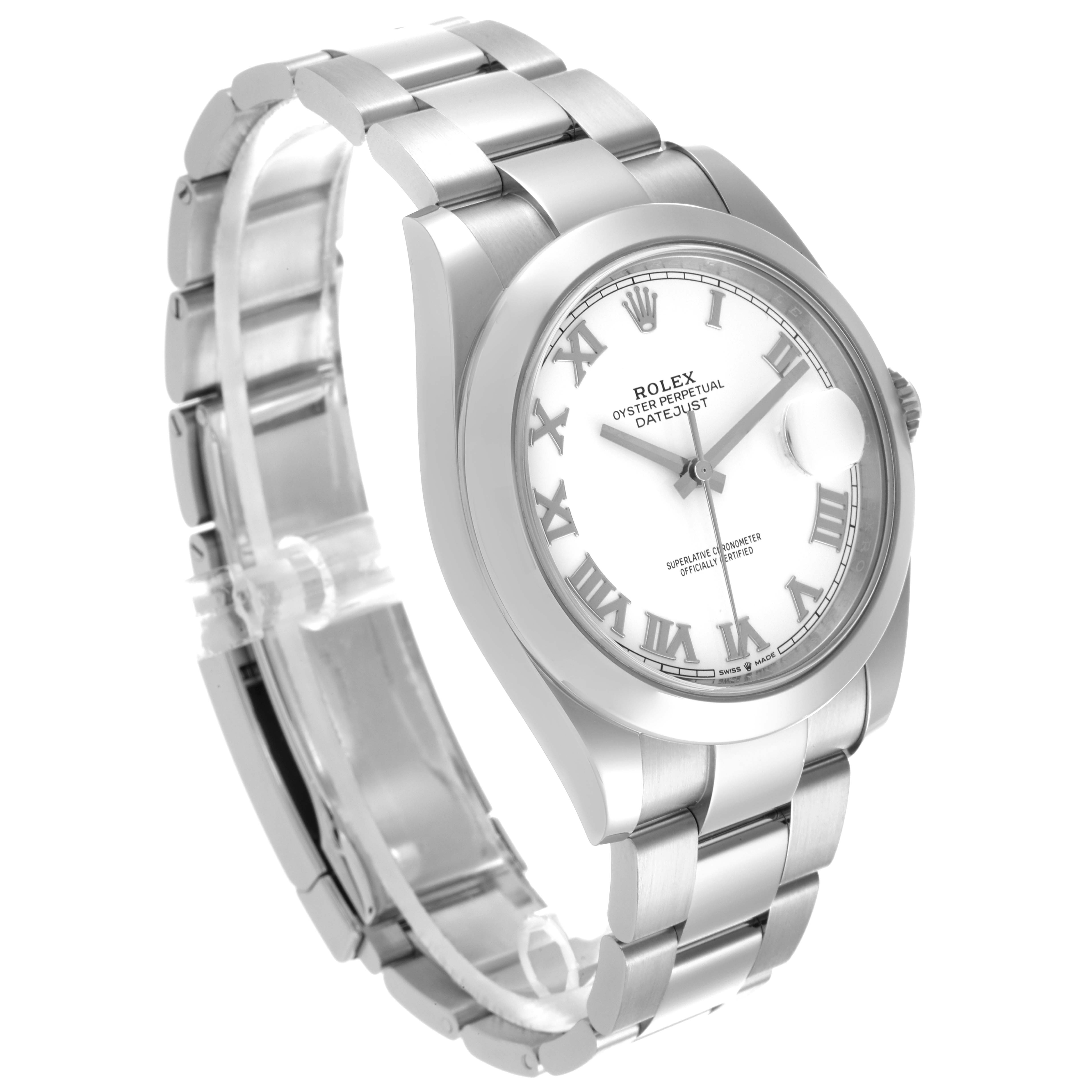 The Rolex Datejust 41 126300 Men
s Stainless Steel White Dial 126300 Men
s Stainless Steel White Dial is shown at a slight angle highlighting the face, bezel, and part of the bracelet.