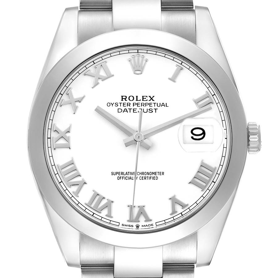 The image shows a frontal view of the Rolex Datejust 41, highlighting the dial, bezel, and bracelet.