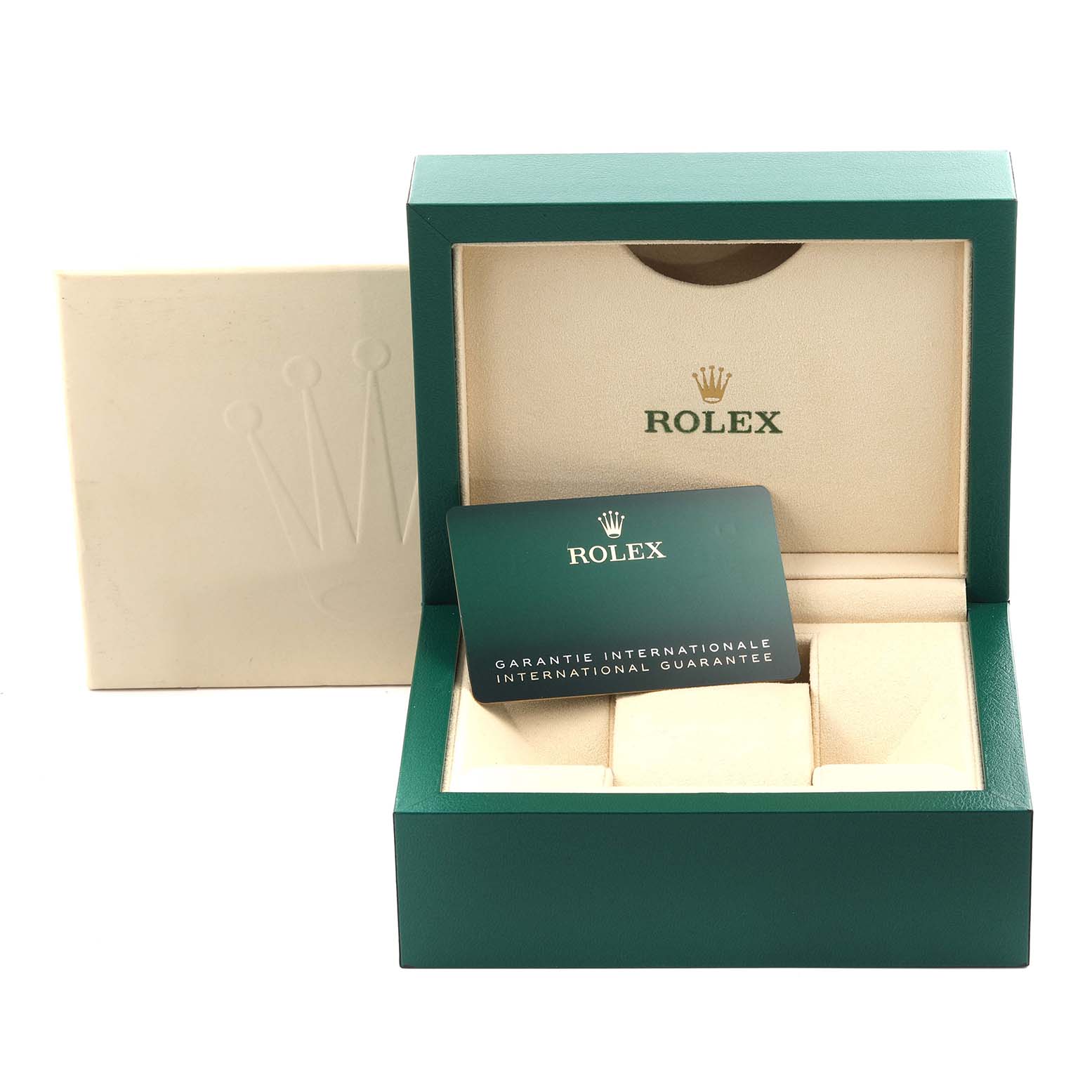 The image shows a Rolex Datejust 41 126300 Men
s Stainless Steel White Dial 126300 Men
s Stainless Steel White Dial watch box, warranty card, and outer packaging from a front angle.