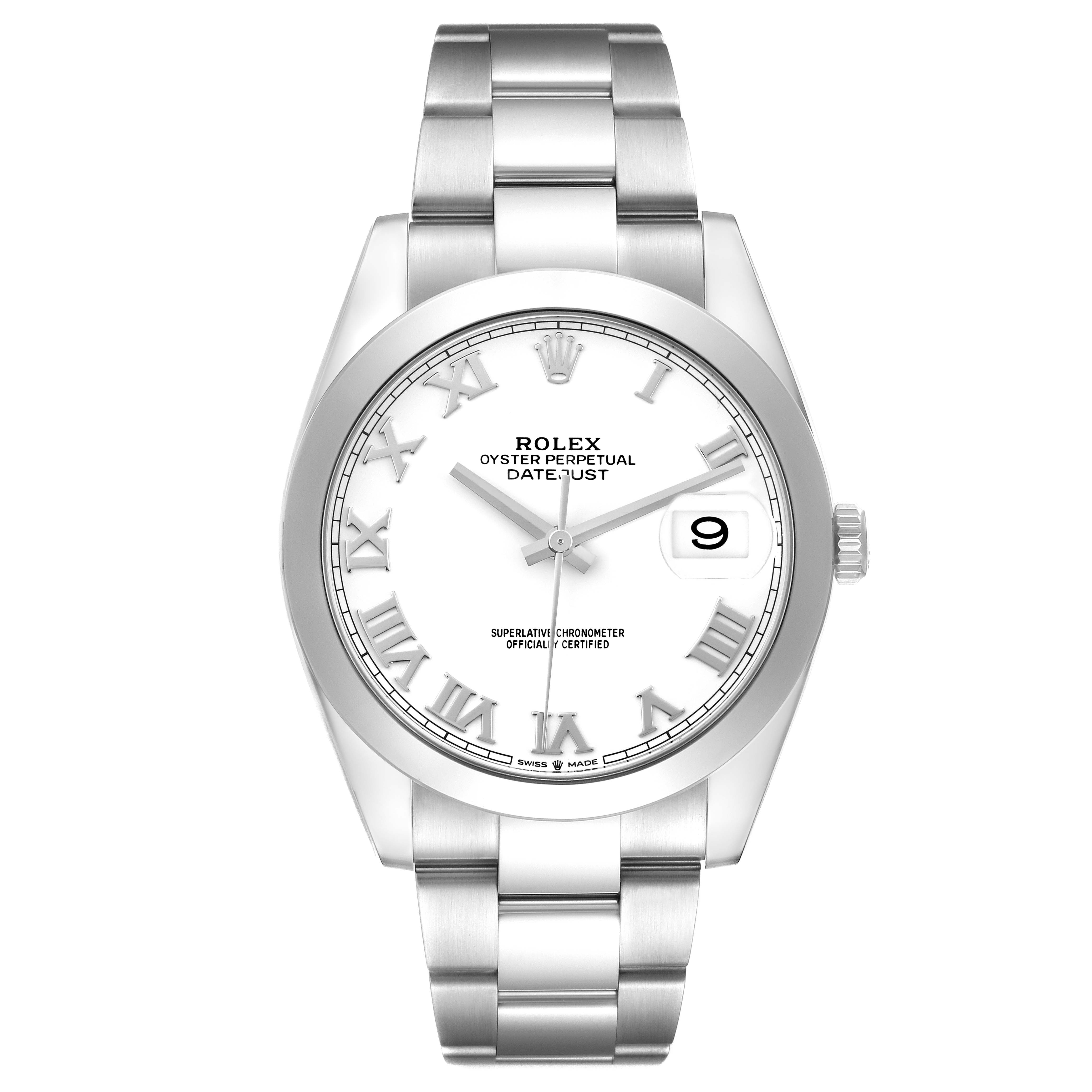 The Rolex Datejust 41 126300 Men
s Stainless Steel White Dial 126300 Men
s Stainless Steel White Dial is shown from a front angle, displaying the dial, hands, bracelet, and bezel.