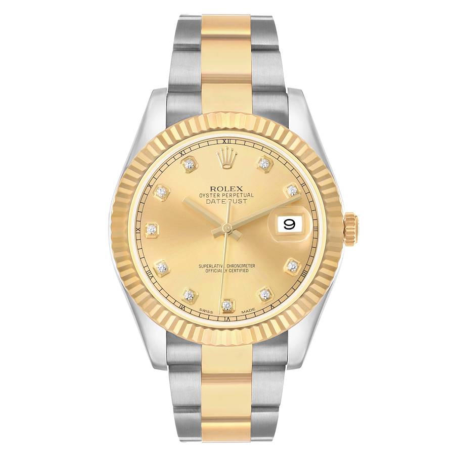 The Rolex Datejust 41 116333 Men's Steel and Gold (two tone) Champagne Dial is shown straight on, displaying the gold dial, fluted bezel, and two-tone bracelet.