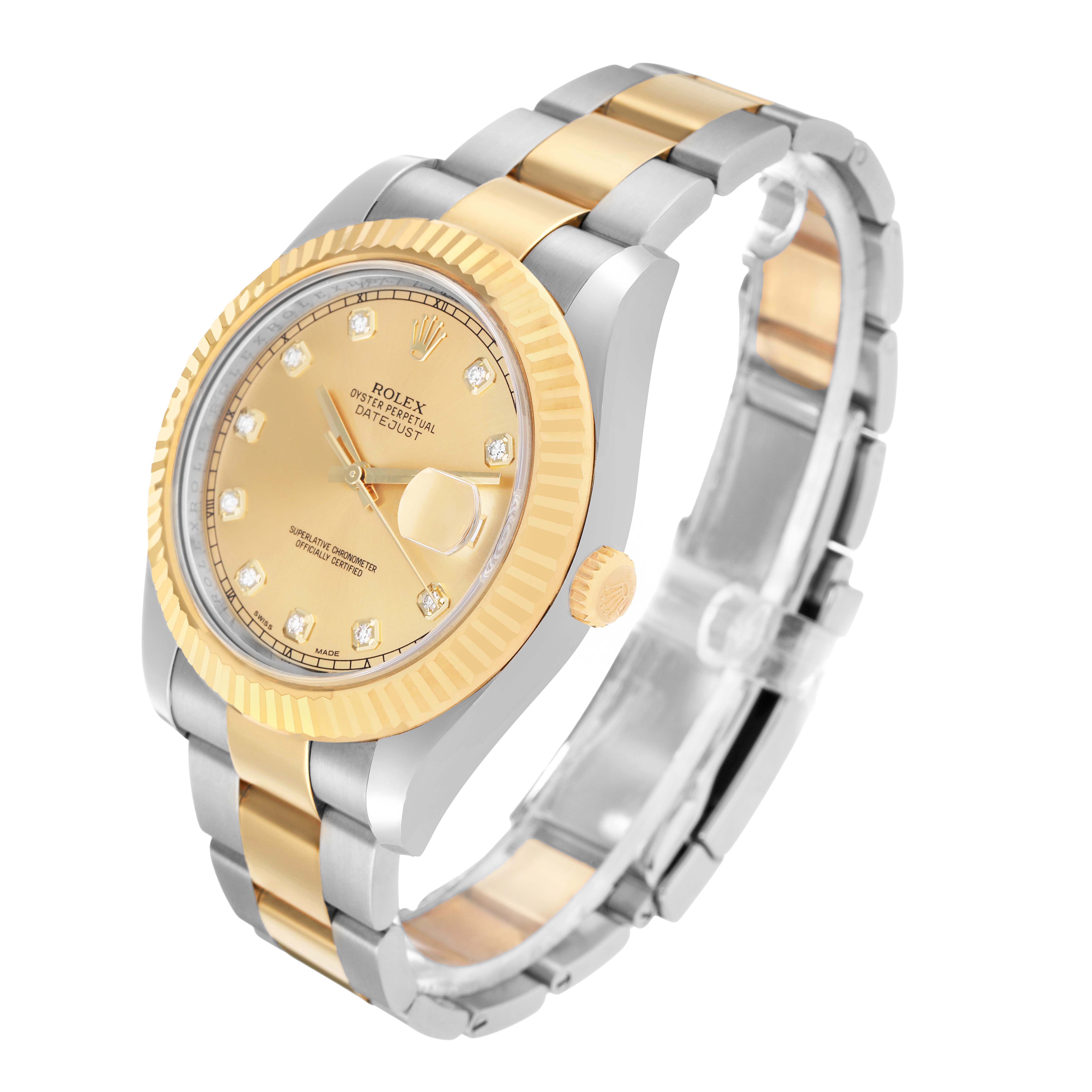 The Rolex Datejust 41 116333 Men's Steel and Gold (two tone) Champagne Dial is shown at a three-quarter angle, highlighting its gold-tone bezel, dial, and bicolor bracelet.