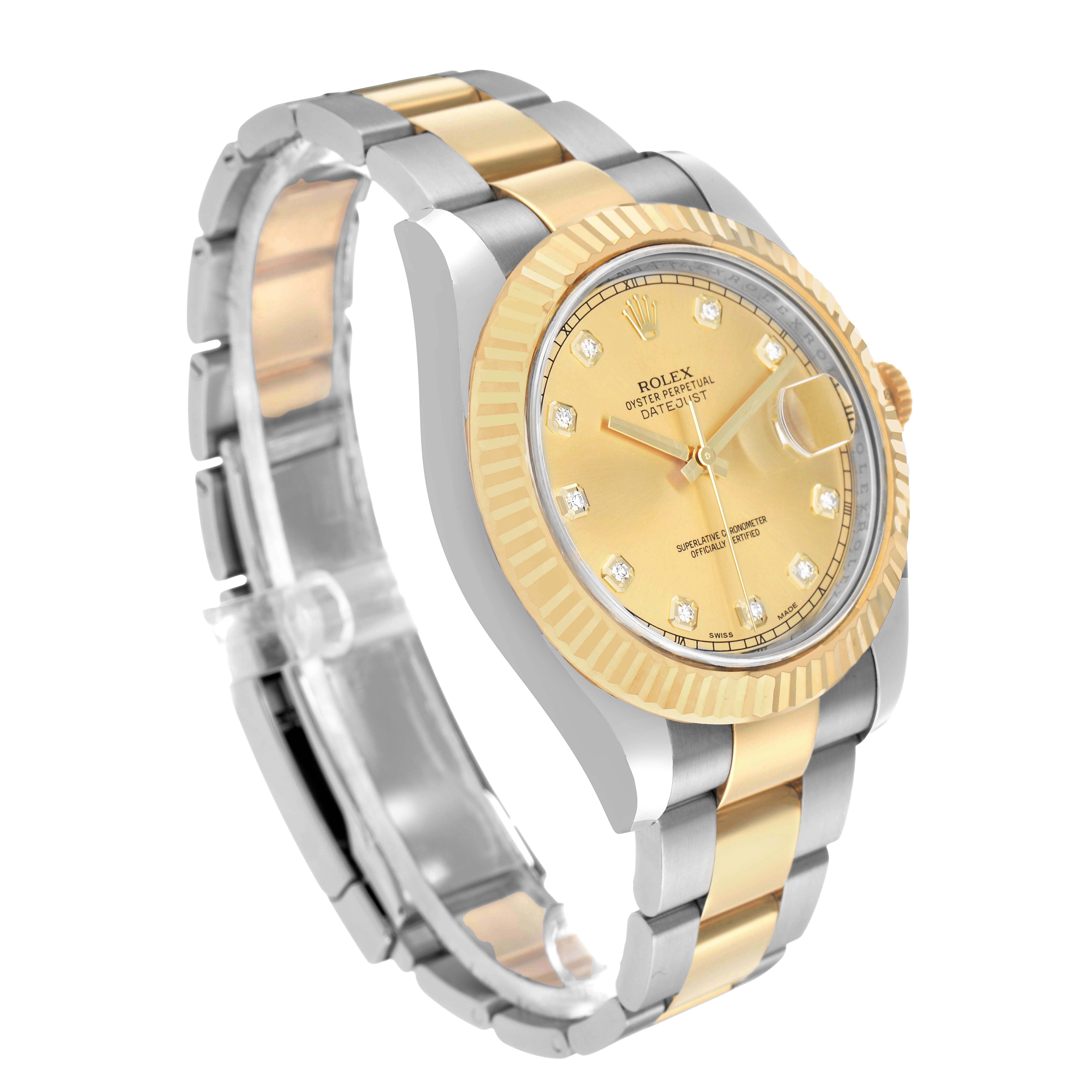 The Rolex Datejust 41 116333 Men's Steel and Gold (two tone) Champagne Dial is shown at an angled side view, highlighting the two-tone bracelet, fluted bezel, and champagne dial.