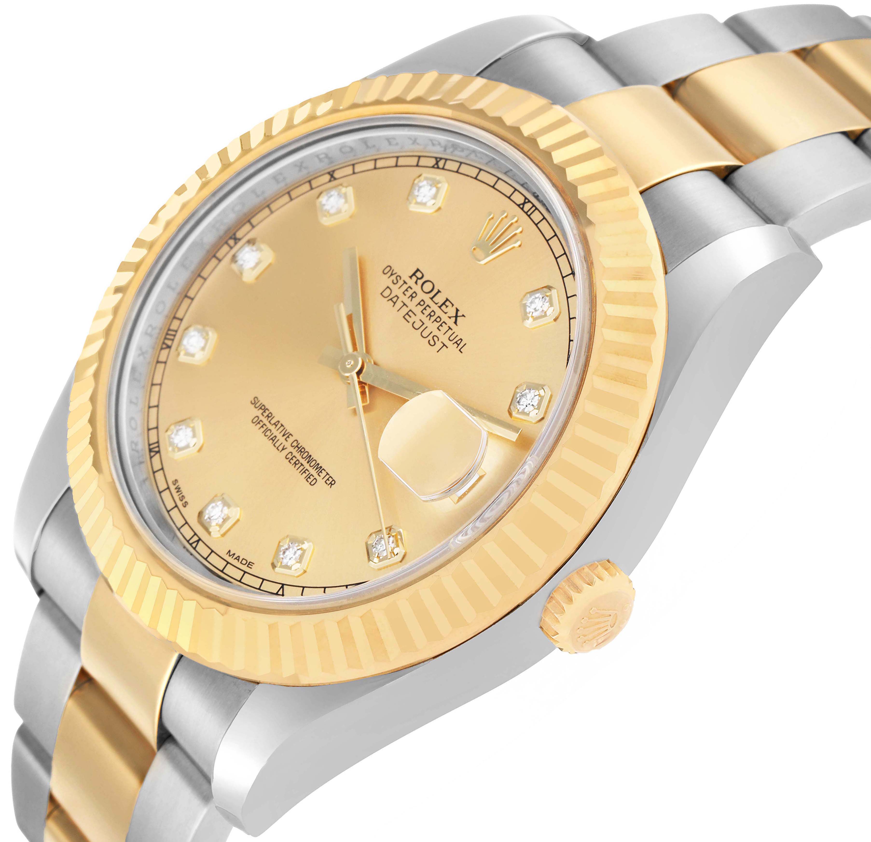 The Rolex Datejust 41 116333 Men's Steel and Gold (two tone) Champagne Dial is shown at an angled side view, highlighting the bezel, crown, dial, and part of the bracelet.