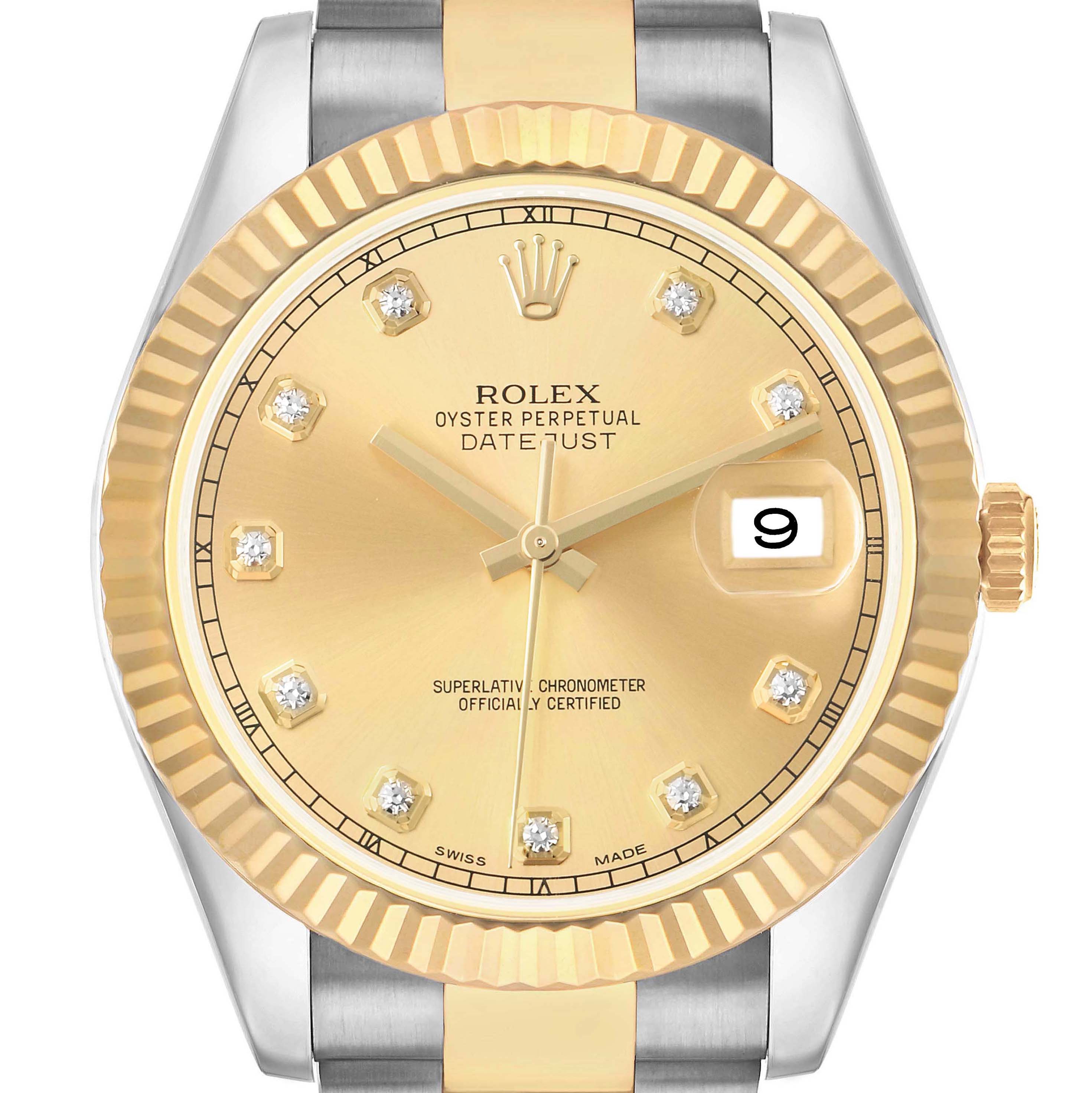 The Rolex Datejust 41 116333 Men's Steel and Gold (two tone) Champagne Dial is shown from a front angle, highlighting its gold dial, diamond hour markers, fluted bezel, and metal bracelet.