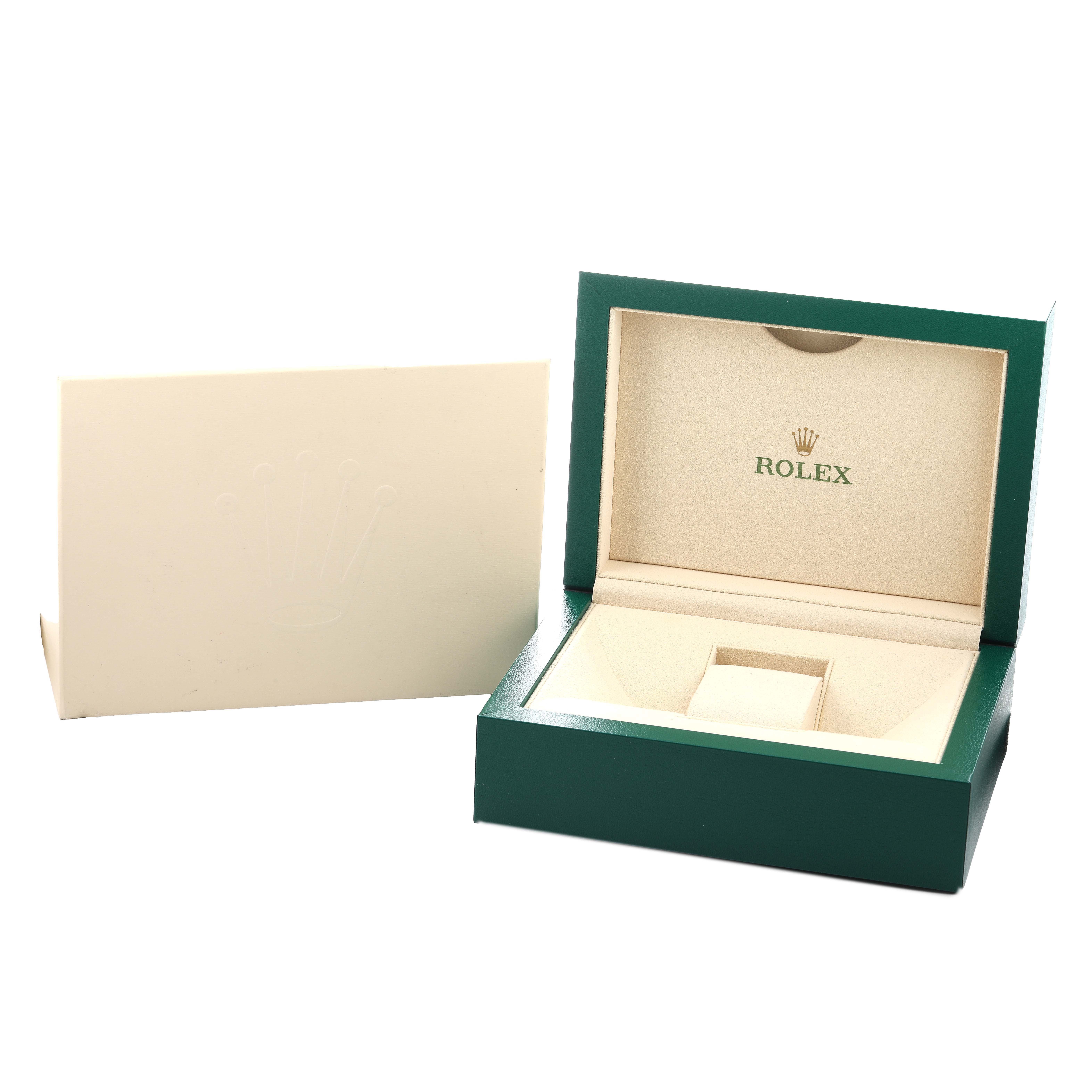 The image shows an open green and beige box and card, designed for a Rolex Datejust 41 116333 Men's Steel and Gold (two tone) Champagne Dial watch.