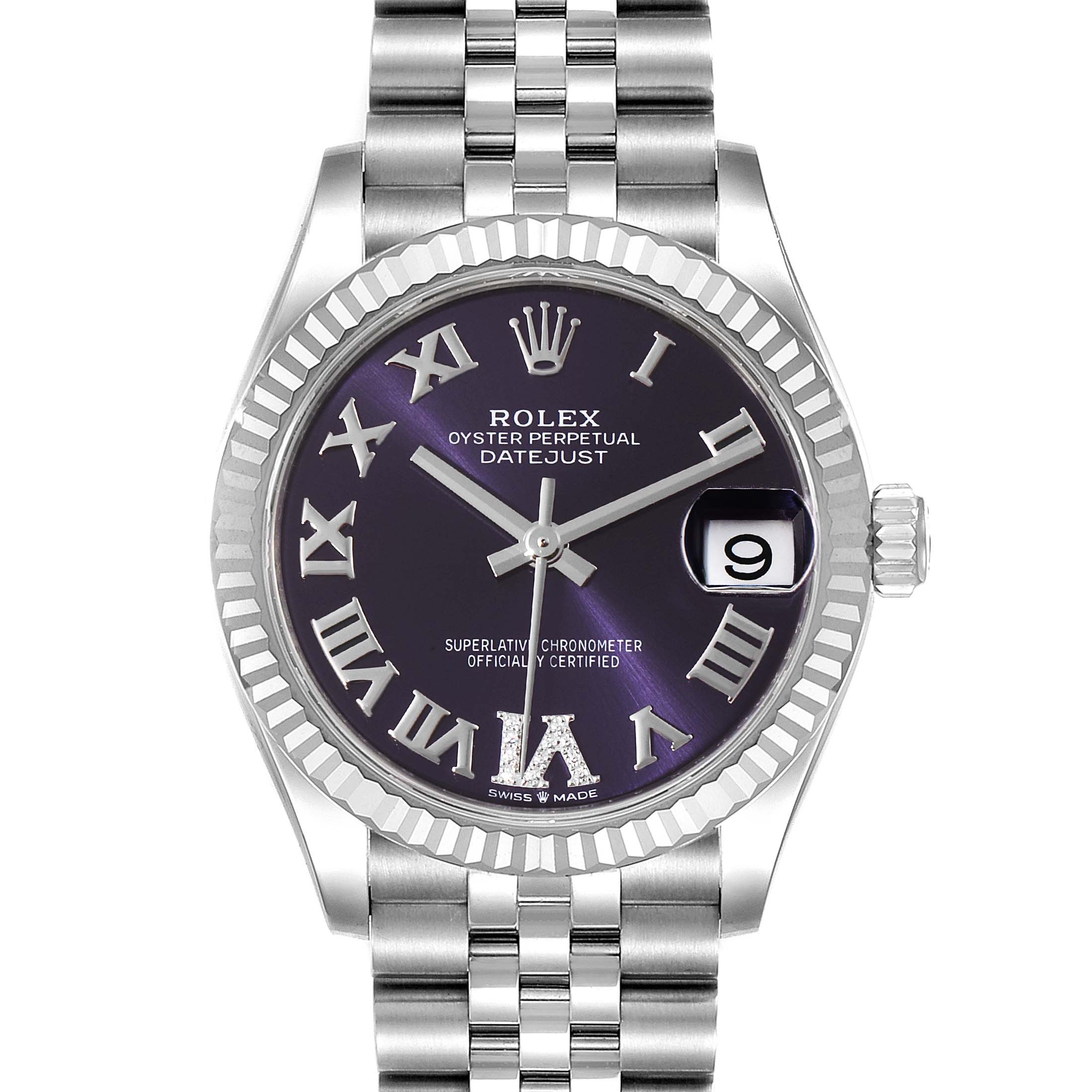 The watch is a Rolex Datejust Mid-Size, shown from a front angle displaying the face, bezel, and part of the bracelet.