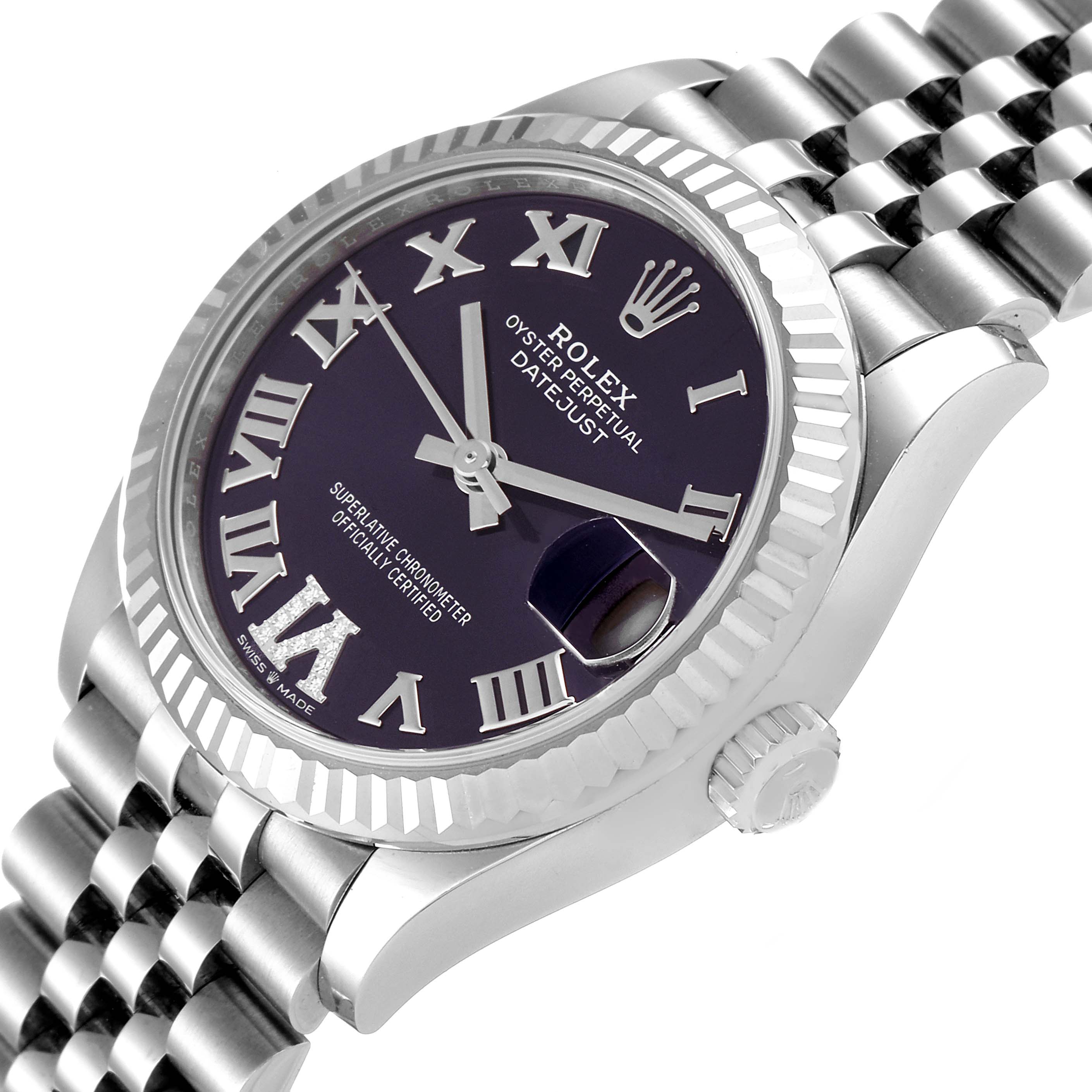The image shows a Rolex Datejust Mid-Size model watch at a slight angle, highlighting the face, bezel, and part of the bracelet.