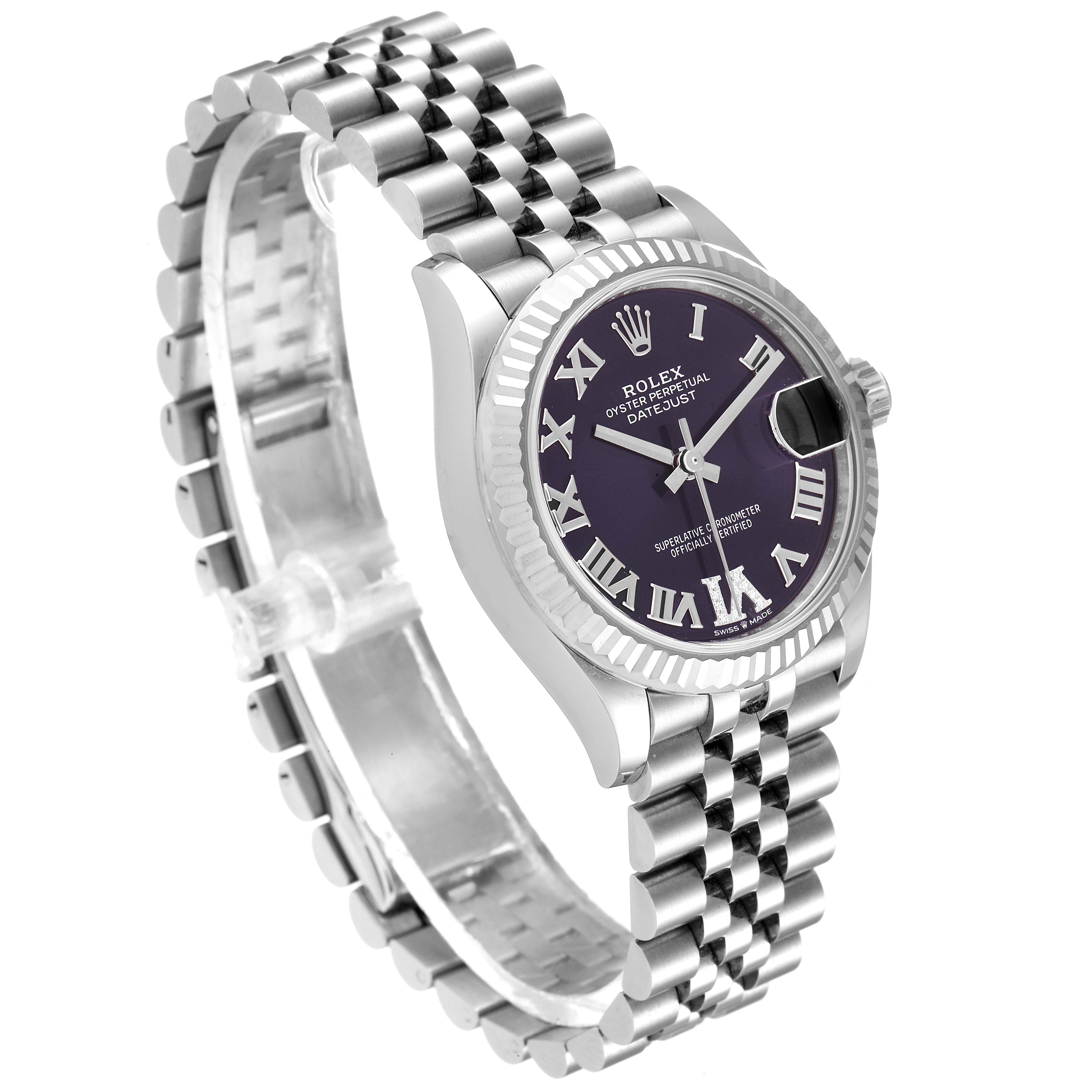 The image shows a side and front view of a Rolex Mid-Size 278274 Women
s Stainless Steel Blue Dial 278274 Women
s Stainless Steel Blue Dial Oyster Perpetual Datejust, focusing on the face, bezel, and Jubilee bracelet.