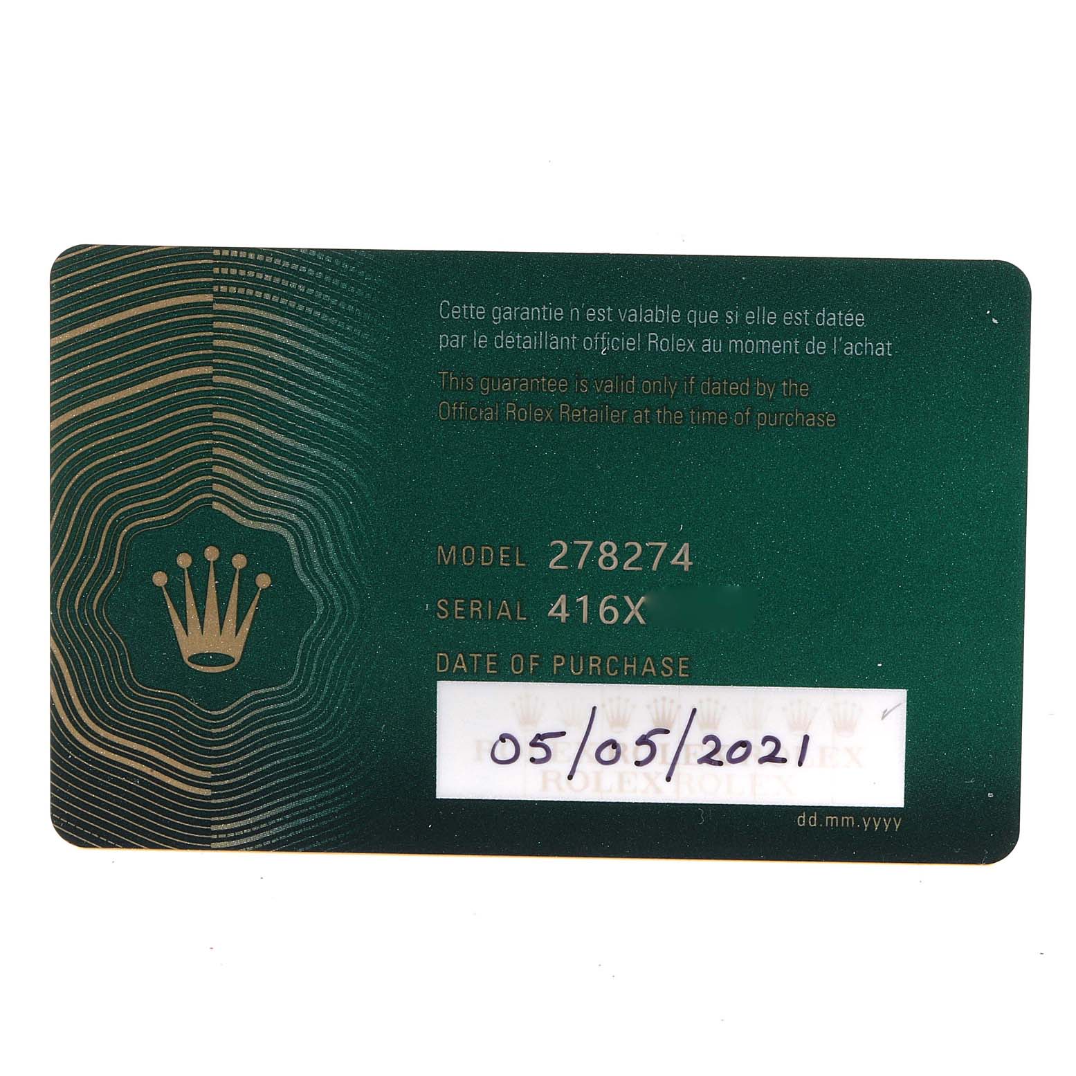 This is an official warranty card for the Rolex Mid-Size 278274 Women
s Stainless Steel Blue Dial 278274 Women
s Stainless Steel Blue Dial Model 278274, displaying the serial number and date of purchase.