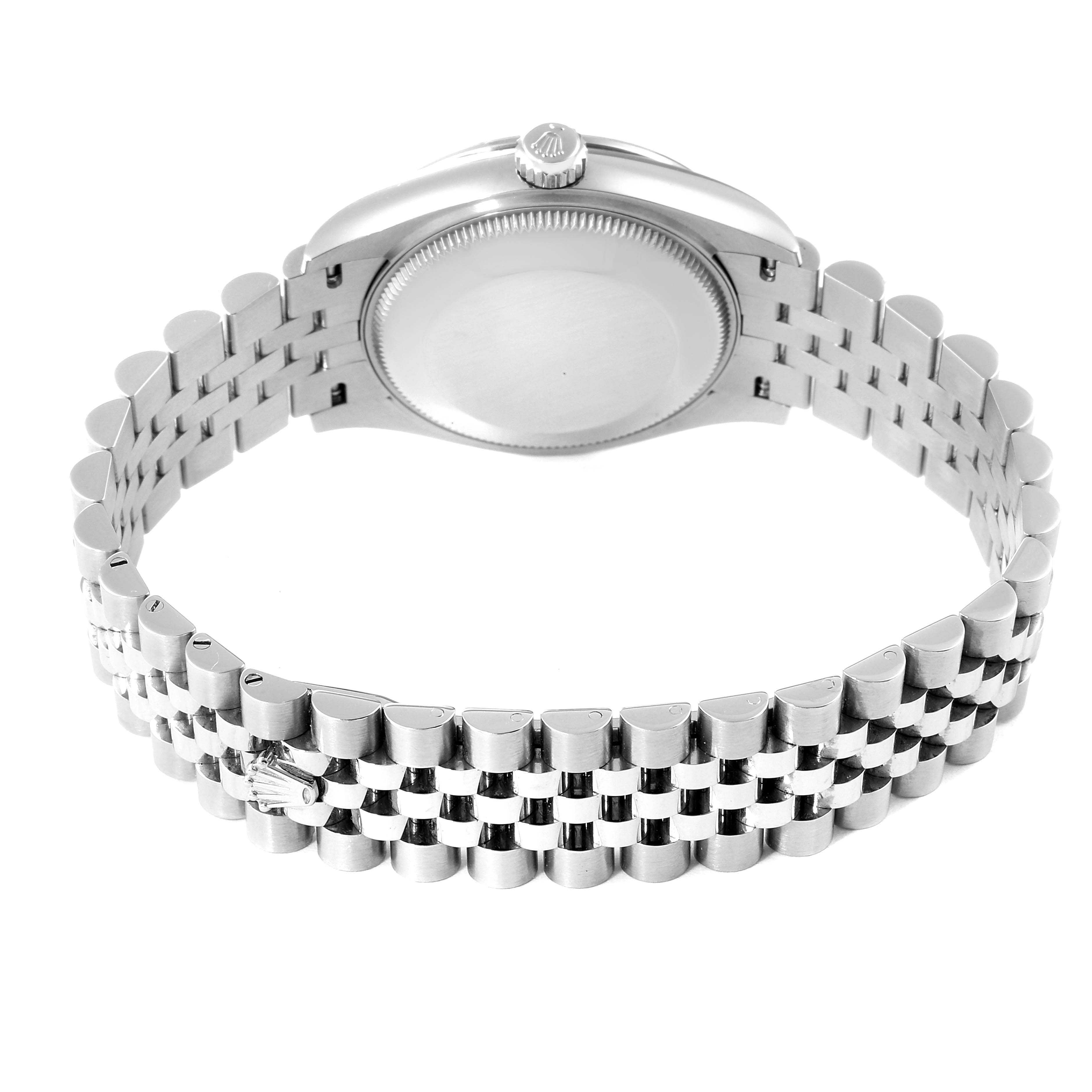 The image shows the back case and bracelet of a Mid-Size Rolex watch.