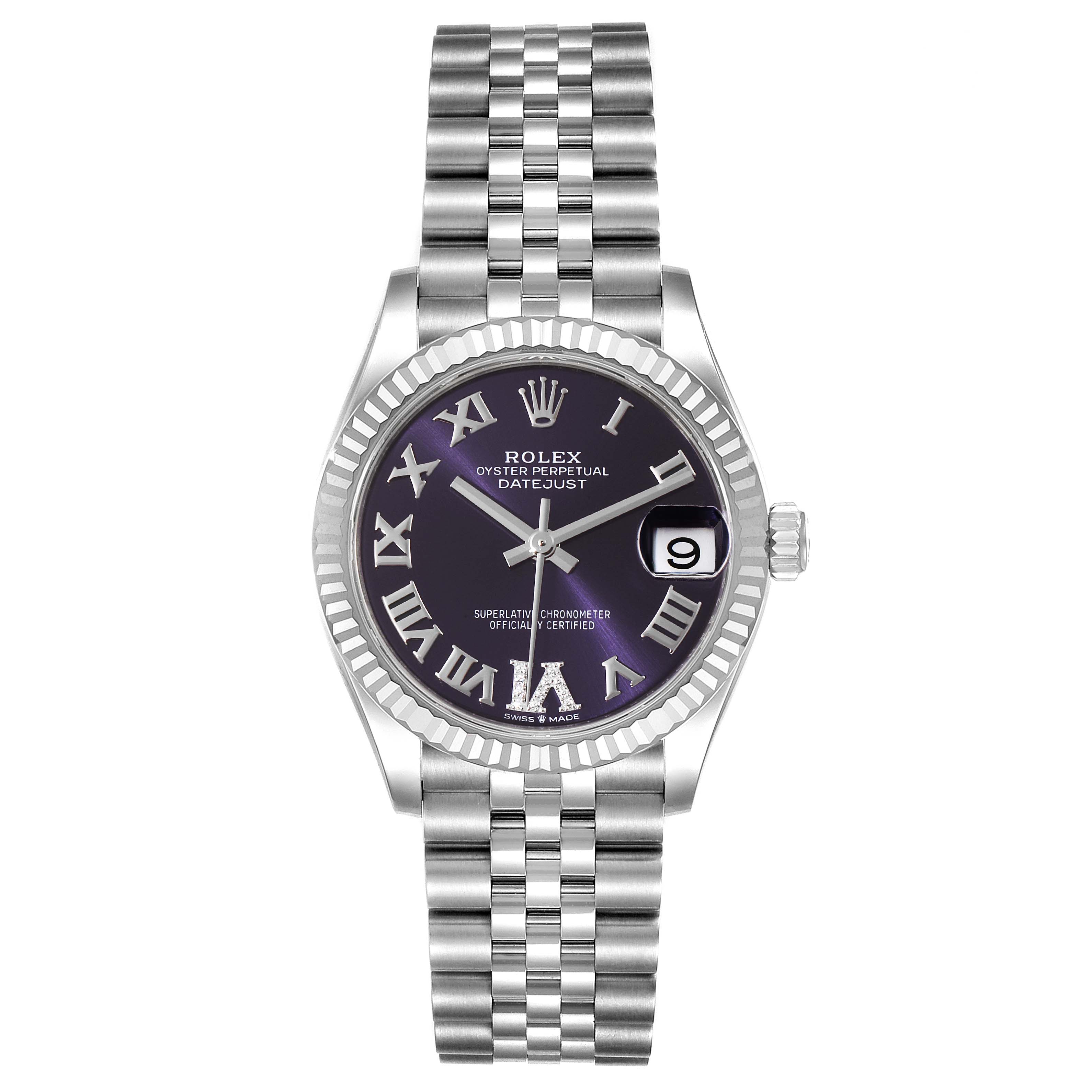 This image shows a front view of a Rolex Mid-Size 278274 Women
s Stainless Steel Blue Dial 278274 Women
s Stainless Steel Blue Dial Oyster Perpetual Datejust watch, displaying the face, bezel, and bracelet.