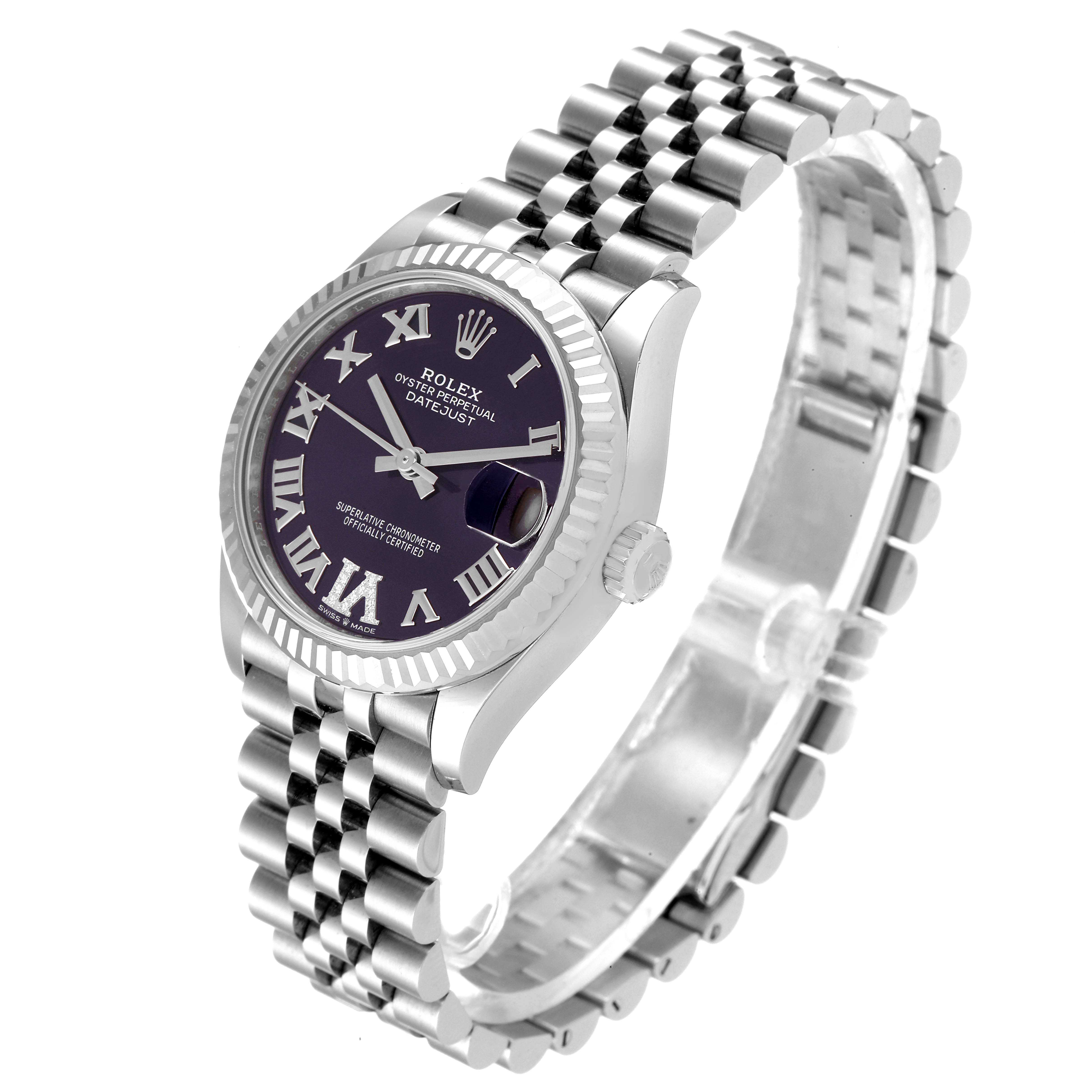 The image shows a Rolex Mid-Size 278274 Women
s Stainless Steel Blue Dial 278274 Women
s Stainless Steel Blue Dial Datejust watch at an angled side view, highlighting the dial, bezel, and bracelet.