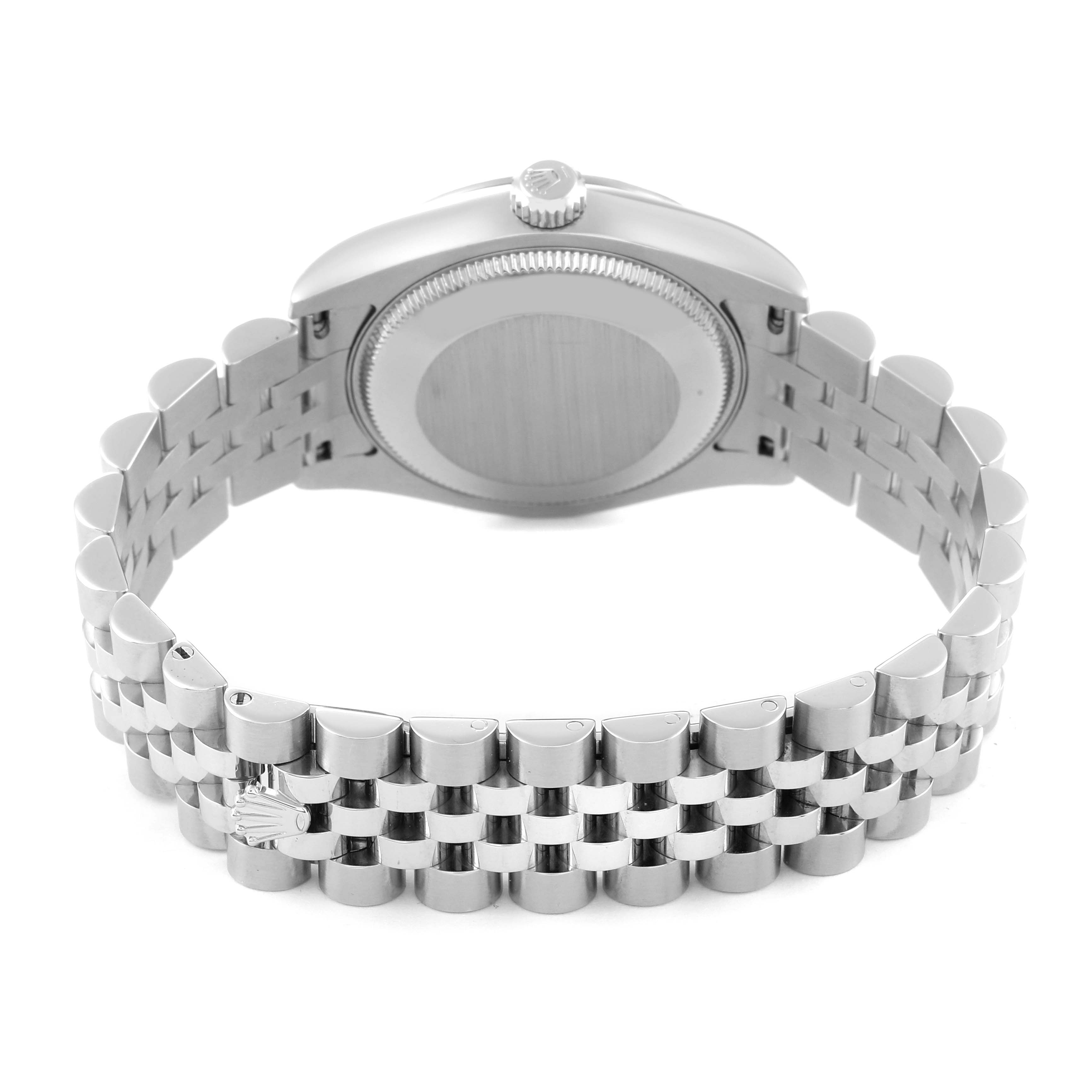 The image shows the back view of a Mid-Size Rolex watch, highlighting the case back, crown, and bracelet.