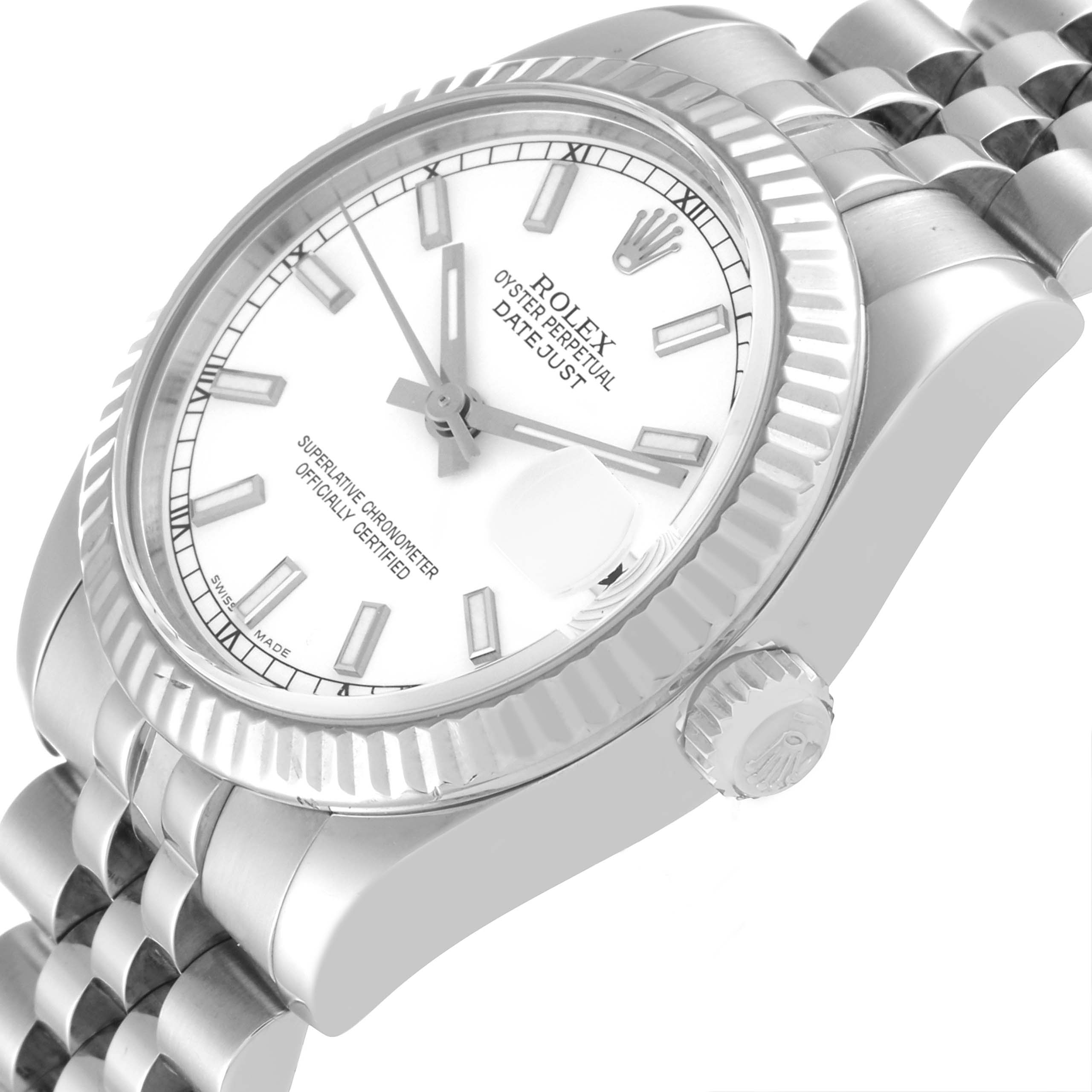 The image shows a side-angled view of a Rolex Mid-Size 178274 Women
s Stainless Steel White Dial 178274 Women
s Stainless Steel White Dial Datejust, highlighting its bezel, dial, and crown.