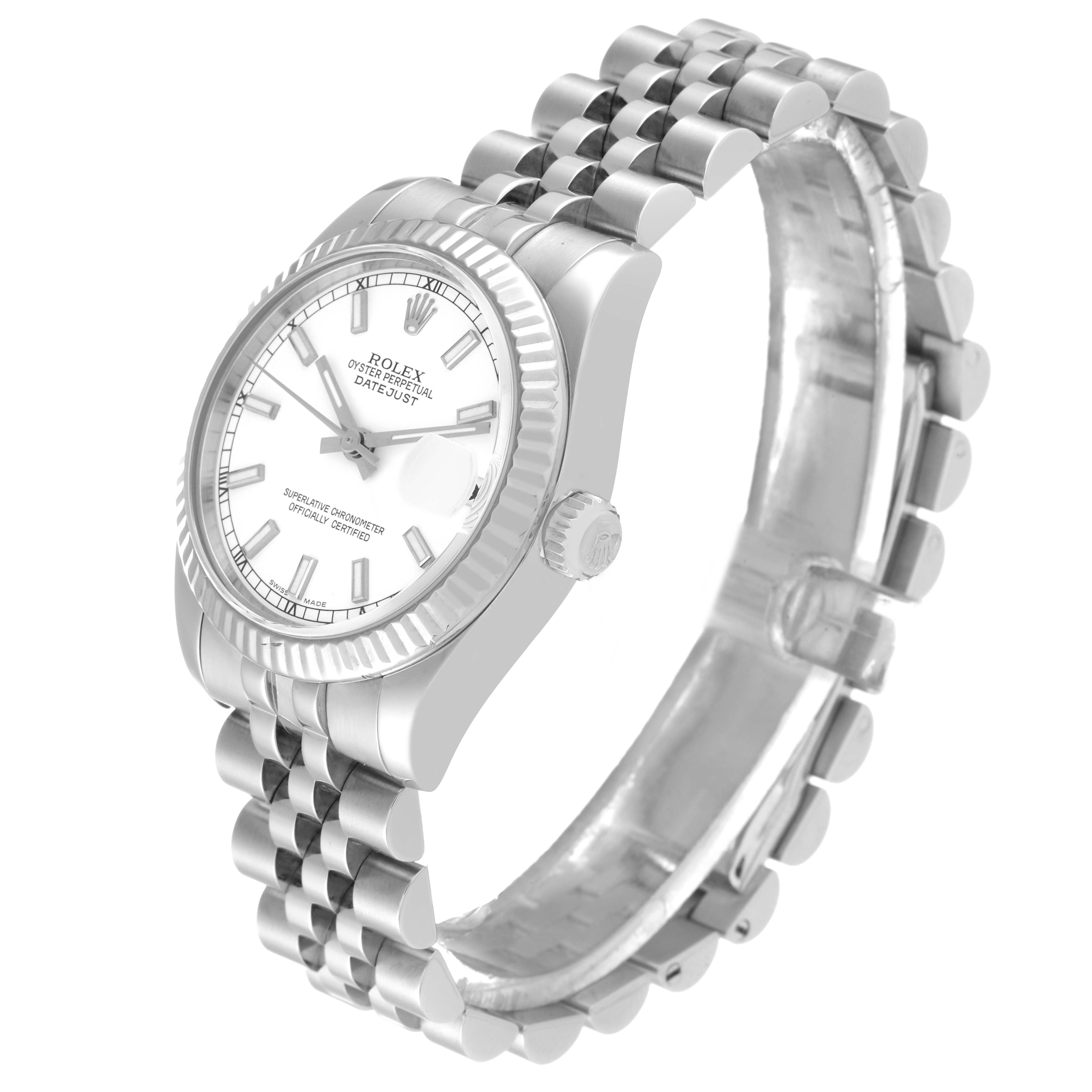 The Rolex Mid-Size 178274 Women
s Stainless Steel White Dial 178274 Women
s Stainless Steel White Dial watch is shown at a three-quarter angle, highlighting the face, case, crown, and bracelet.