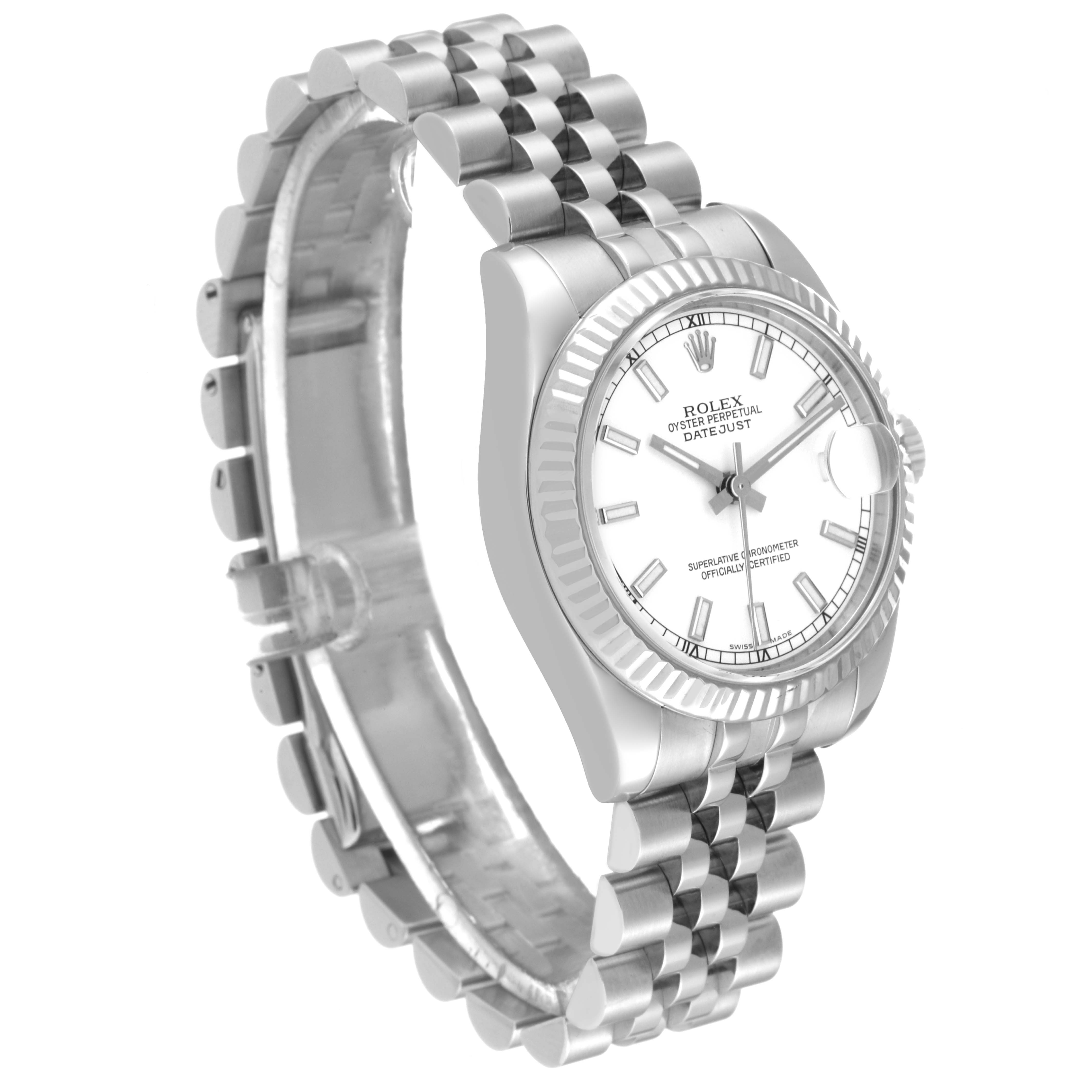 The image shows a Rolex Mid-Size 178274 Women
s Stainless Steel White Dial 178274 Women
s Stainless Steel White Dial Datejust watch at a three-quarter angle, highlighting the face, bezel, and bracelet.