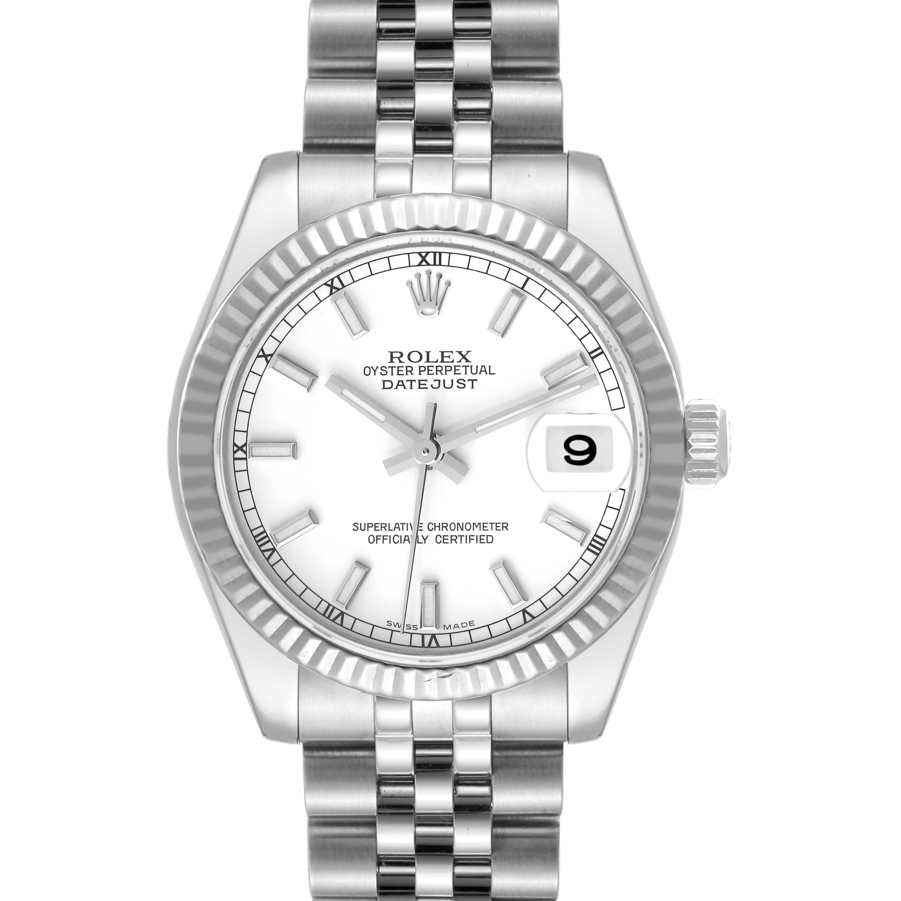The image shows a front view of a Rolex Oyster Perpetual Datejust Mid-Size watch, highlighting its dial, bezel, and bracelet.