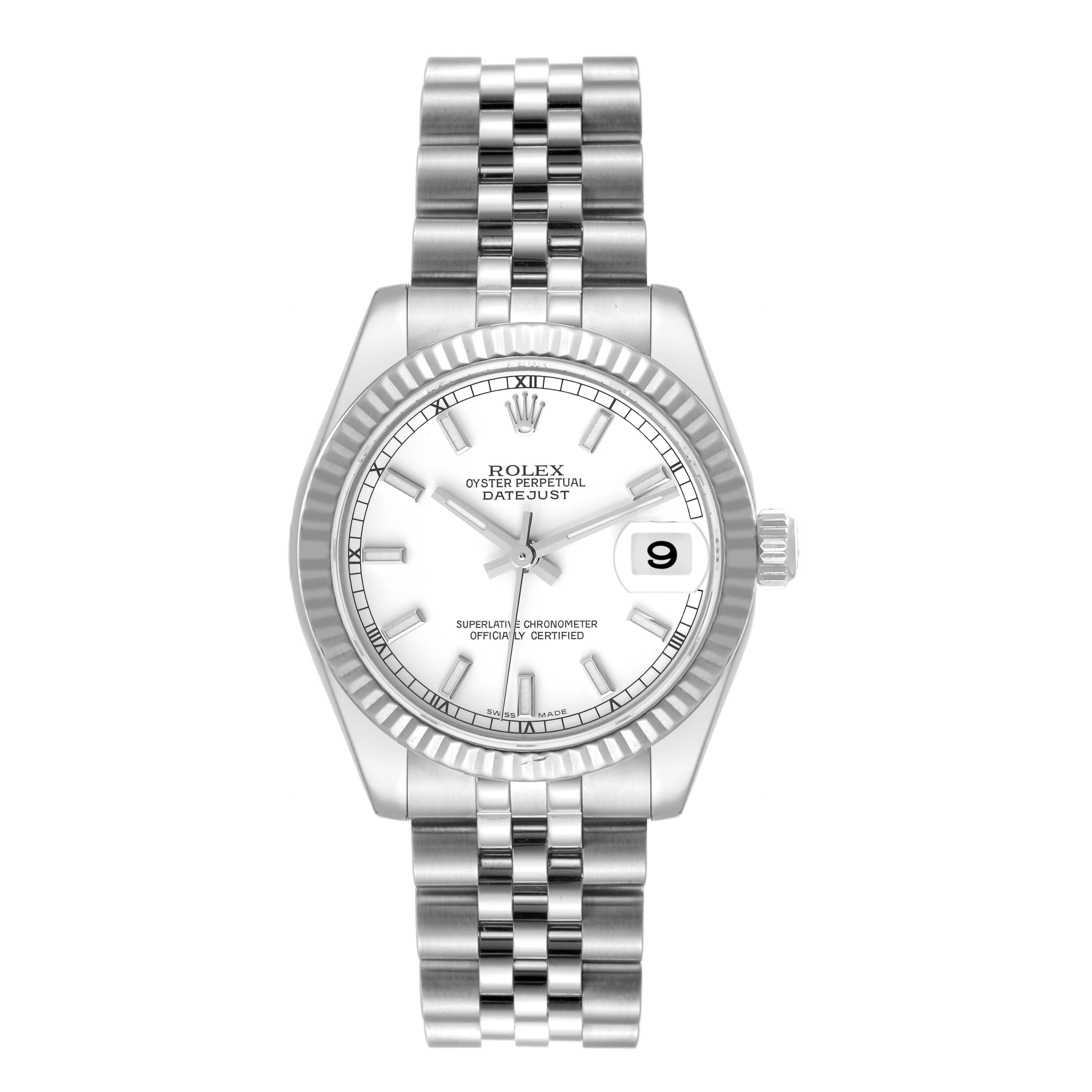 This image shows a mid-size Rolex Datejust watch from a front-facing angle, highlighting the face, bezel, and bracelet.