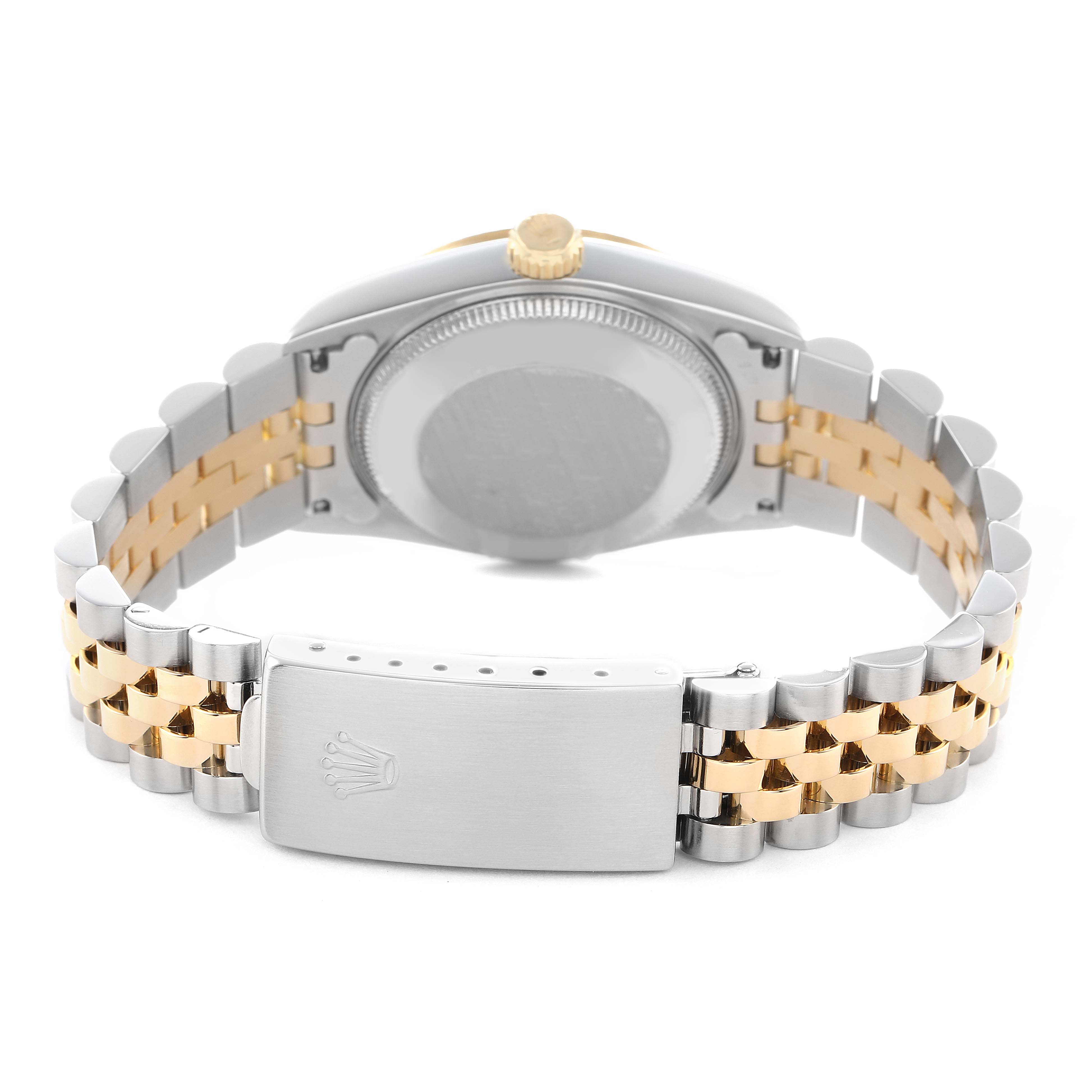 The image shows the back of the Rolex Mid-Size 68273 Women's Steel and Gold (two tone) Blue Dial watch, focusing on the case back and two-tone bracelet with a clasp.