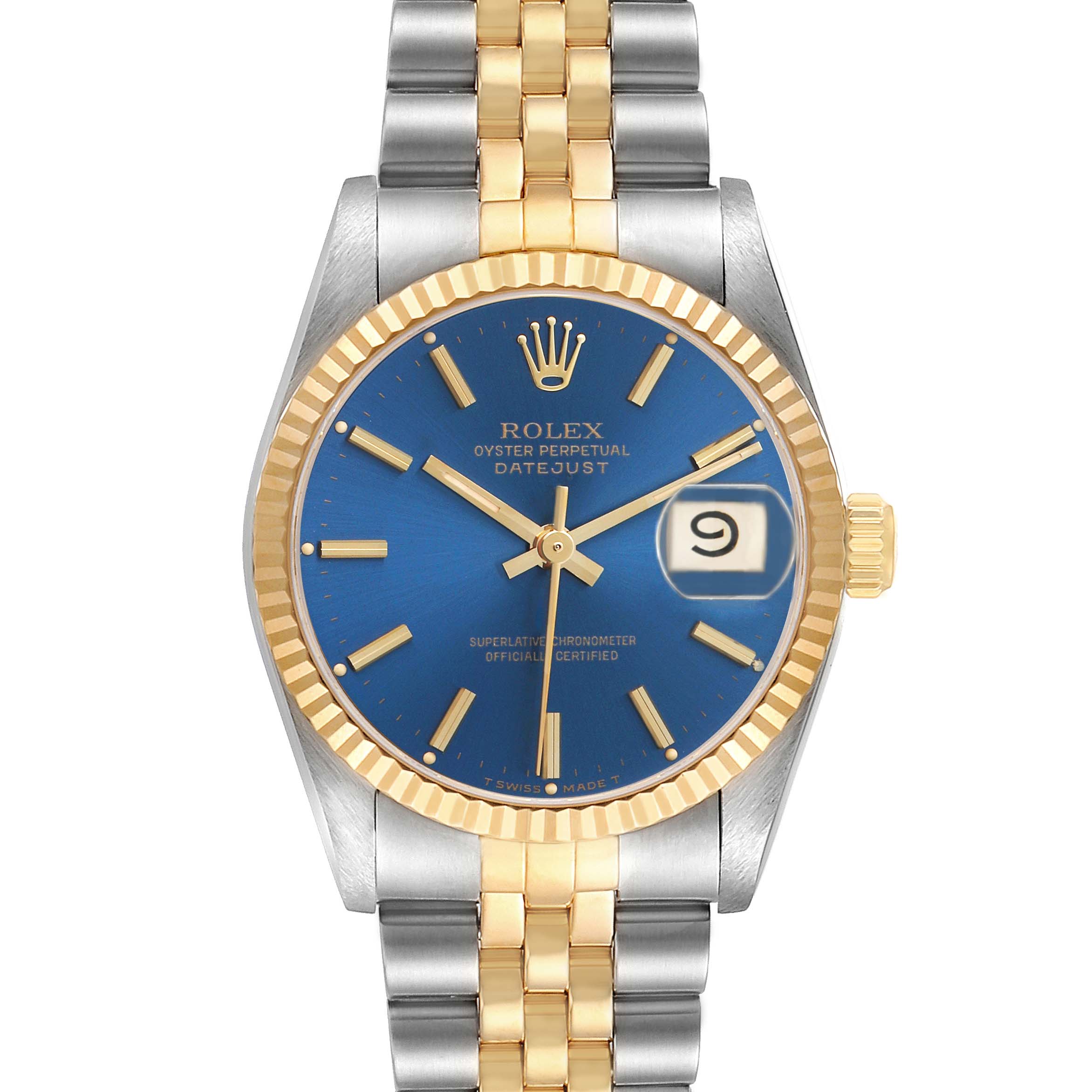The Rolex Datejust Mid-Size watch is shown from the front, displaying the blue dial, hands, markers, date window, and two-tone bracelet.