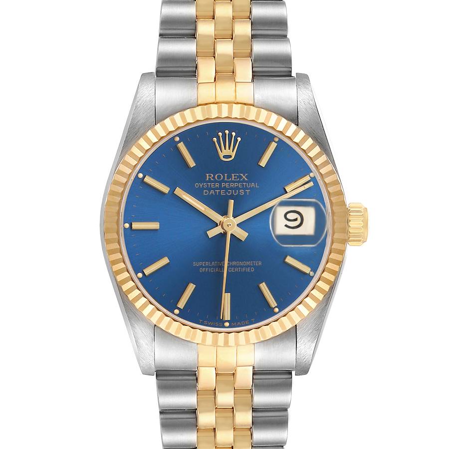 The Rolex Datejust Mid-Size watch is shown from the front, displaying the blue dial, hands, markers, date window, and two-tone bracelet.