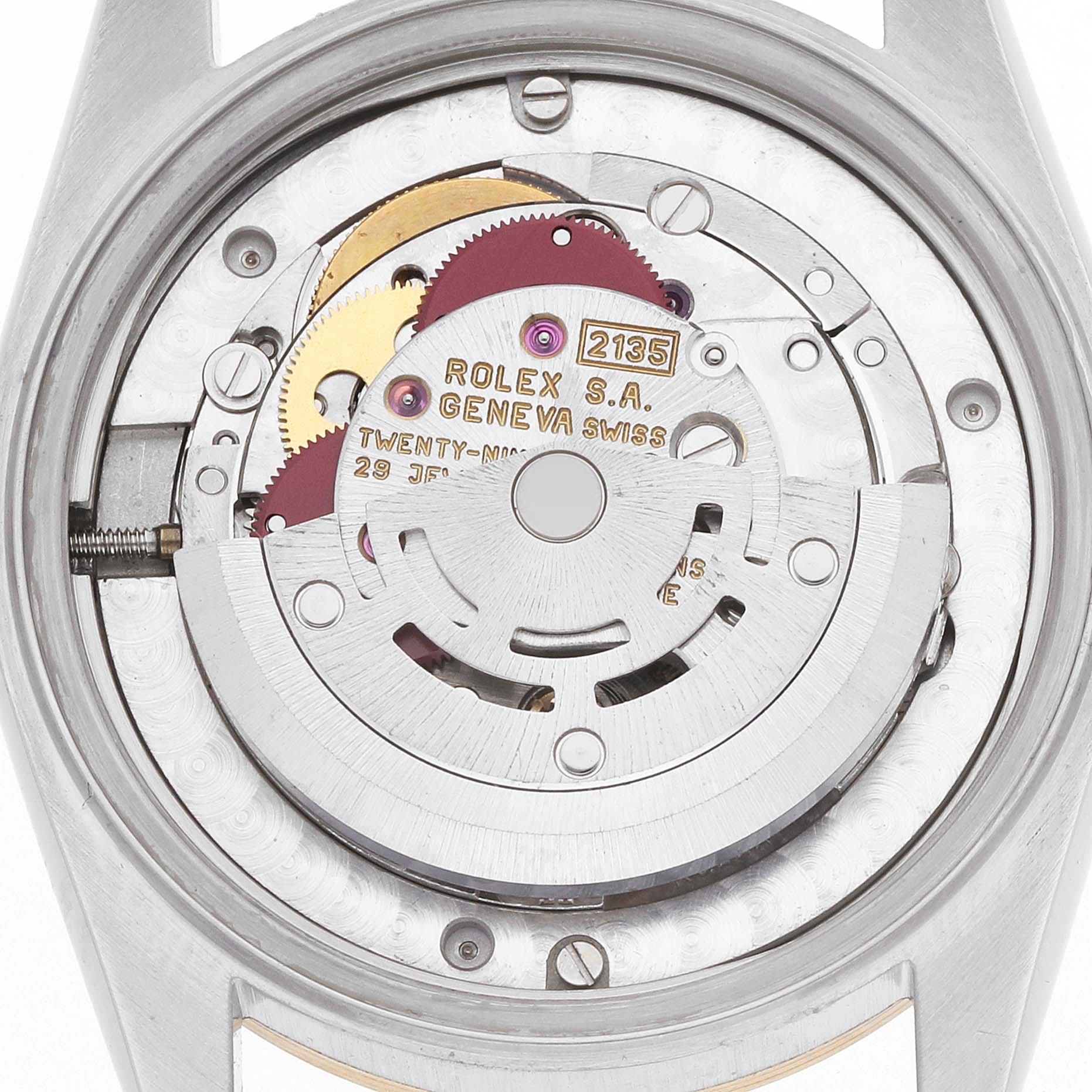 The image shows the internal movement of a Rolex Mid-Size 68273 Women's Steel and Gold (two tone) Blue Dial watch from a top-down angle, highlighting gears and engraving details.