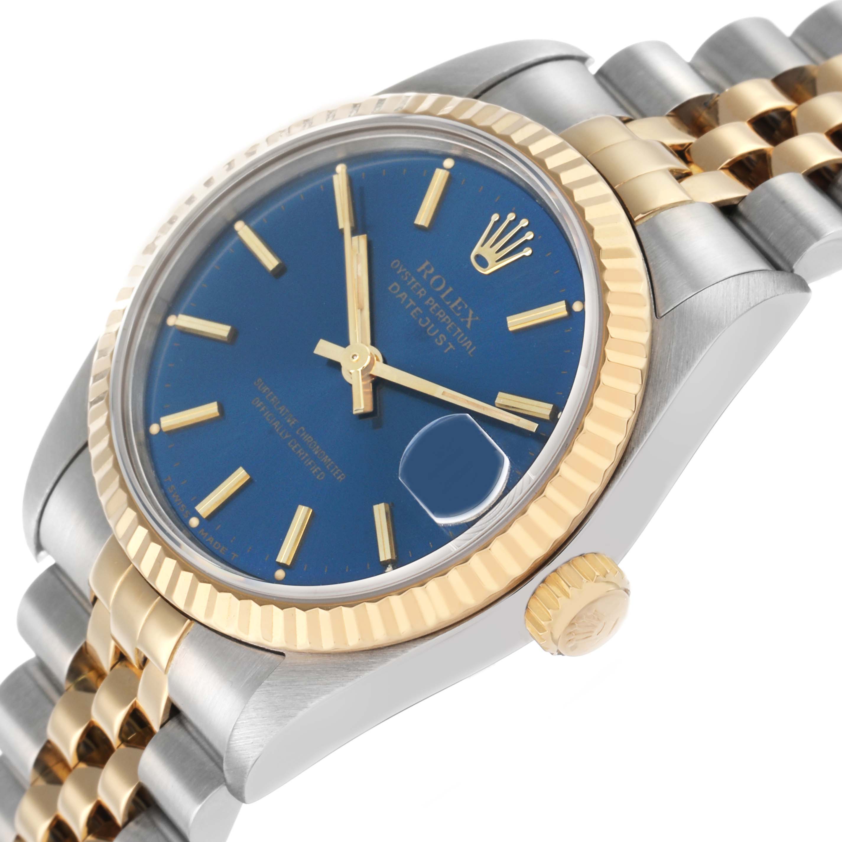 The Rolex Mid-Size 68273 Women's Steel and Gold (two tone) Blue Dial watch is shown at a slight angle, highlighting the blue dial, fluted bezel, and two-tone bracelet.