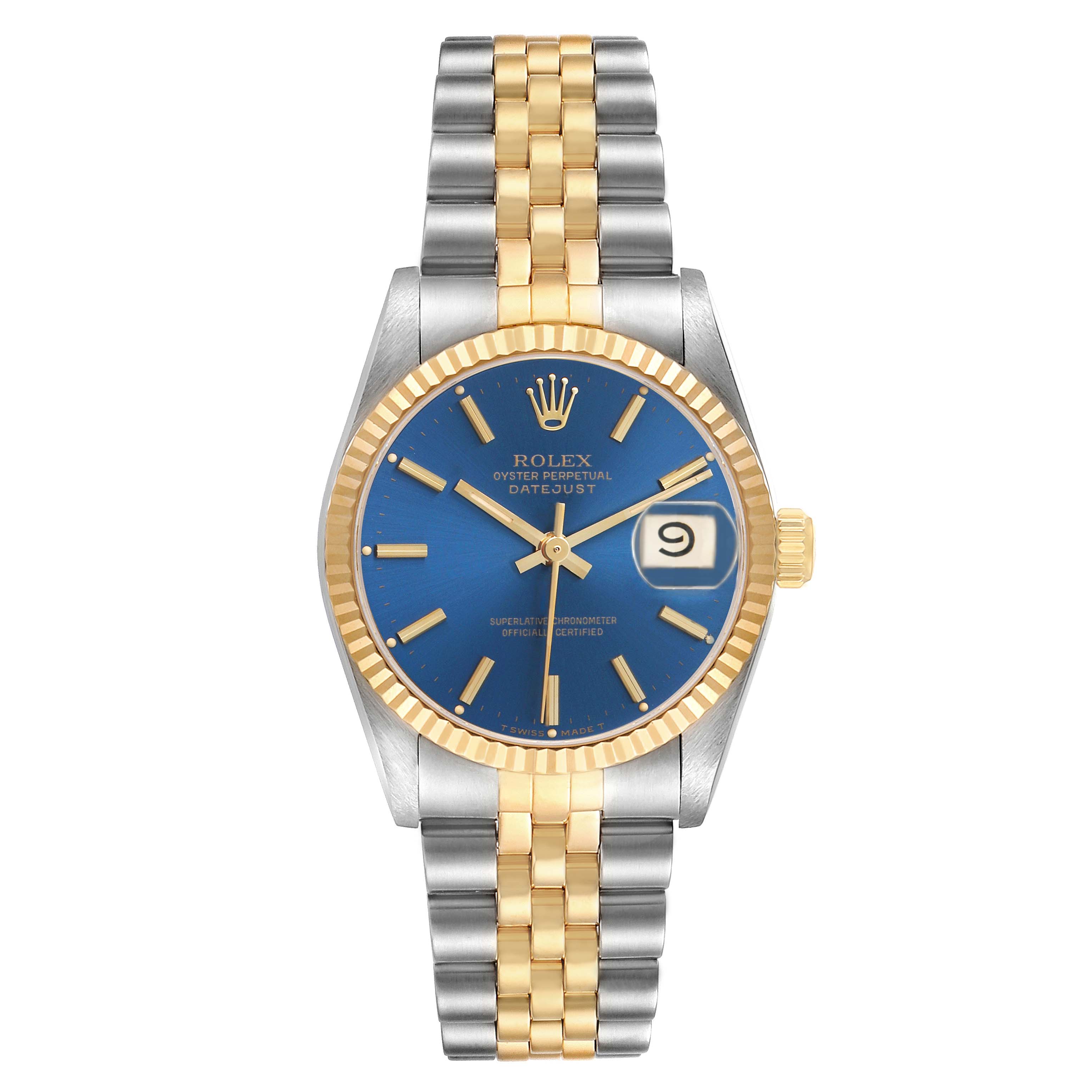 The Rolex Mid-Size 68273 Women's Steel and Gold (two tone) Blue Dial watch is shown from a top-down angle, displaying the dial, fluted bezel, and the two-tone bracelet.