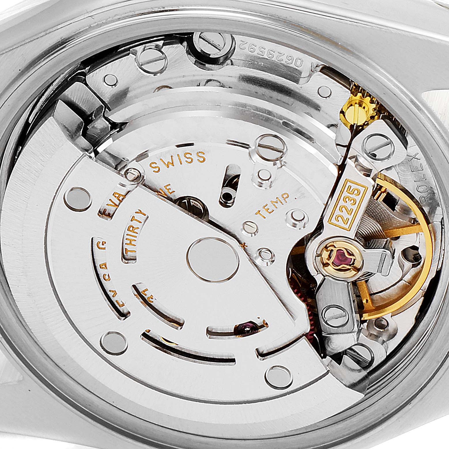 The image shows the internal movement mechanism of a Rolex Datejust 79163 Women's Steel and Gold (two tone) Black Dial 79163 Women's Steel and Gold (two tone) Black Dial watch from the back angle.