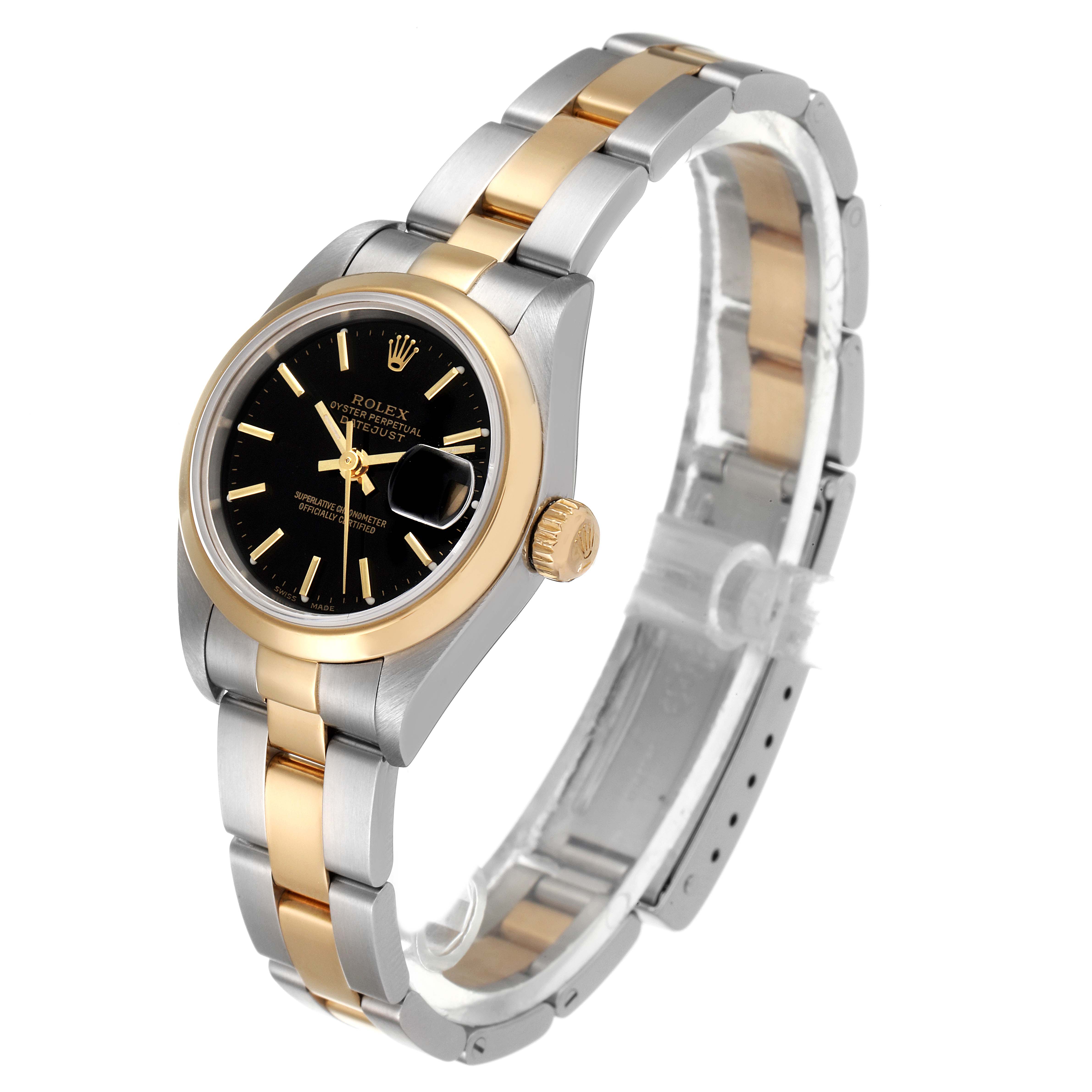The Rolex Datejust 79163 Women's Steel and Gold (two tone) Black Dial 79163 Women's Steel and Gold (two tone) Black Dial watch is shown from a front angle, displaying the dial, bezel, case, crown, and part of the bracelet.