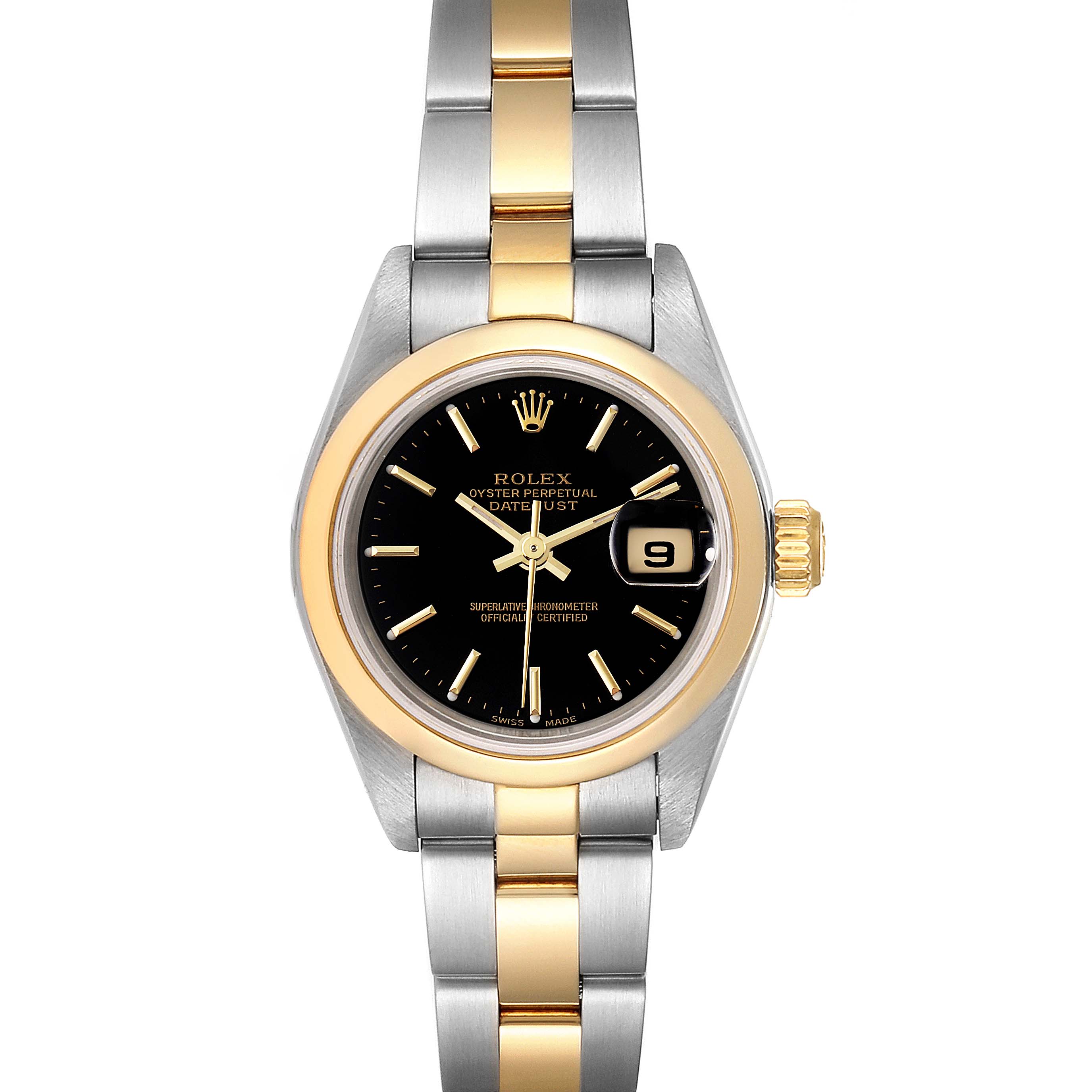 This is a front view of the Rolex Datejust 79163 Women's Steel and Gold (two tone) Black Dial 79163 Women's Steel and Gold (two tone) Black Dial watch, showing the dial, bezel, casing, crown, and bracelet.