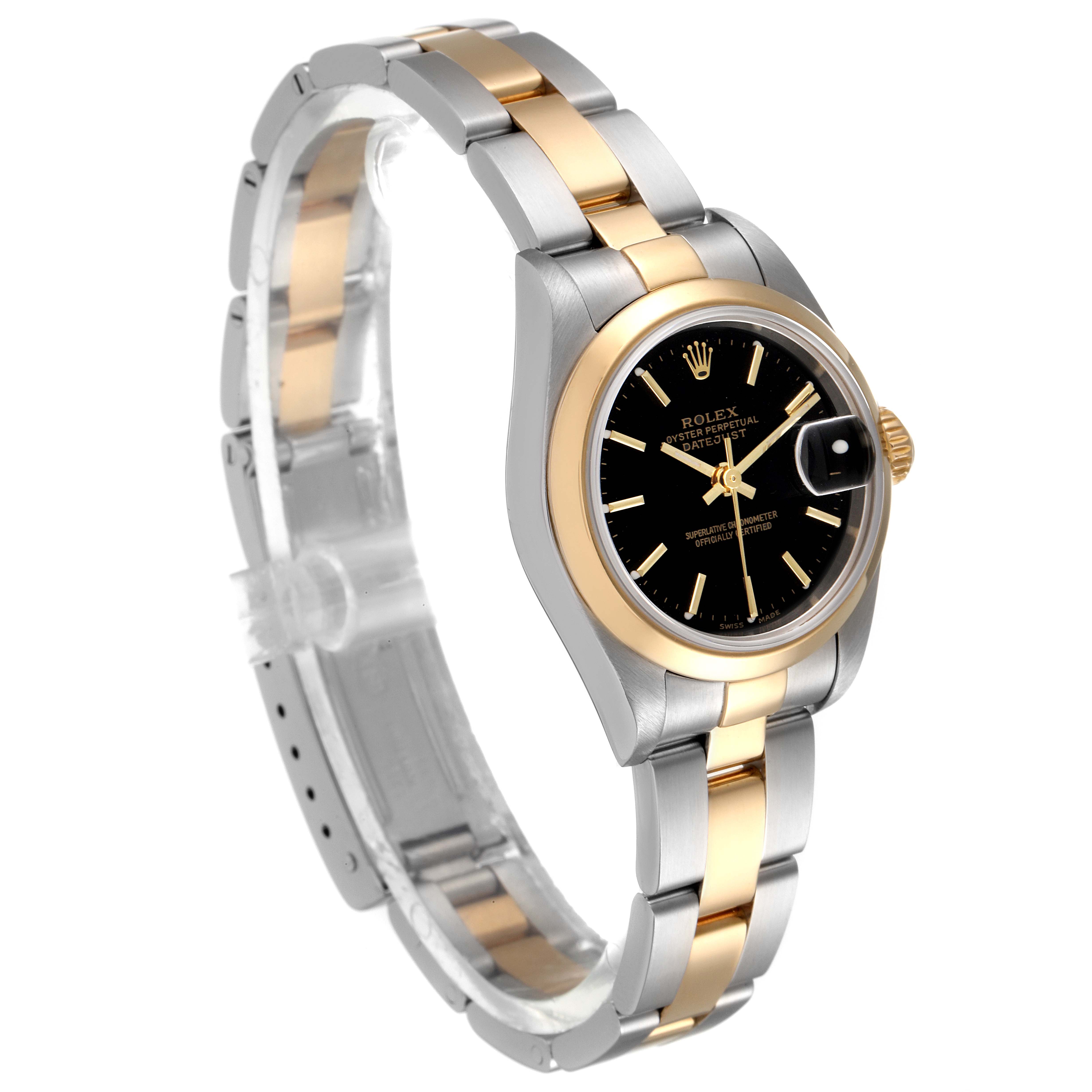 The image shows a Rolex Datejust 79163 Women's Steel and Gold (two tone) Black Dial 79163 Women's Steel and Gold (two tone) Black Dial watch featuring a two-tone bracelet and black dial, viewed from an oblique angle.