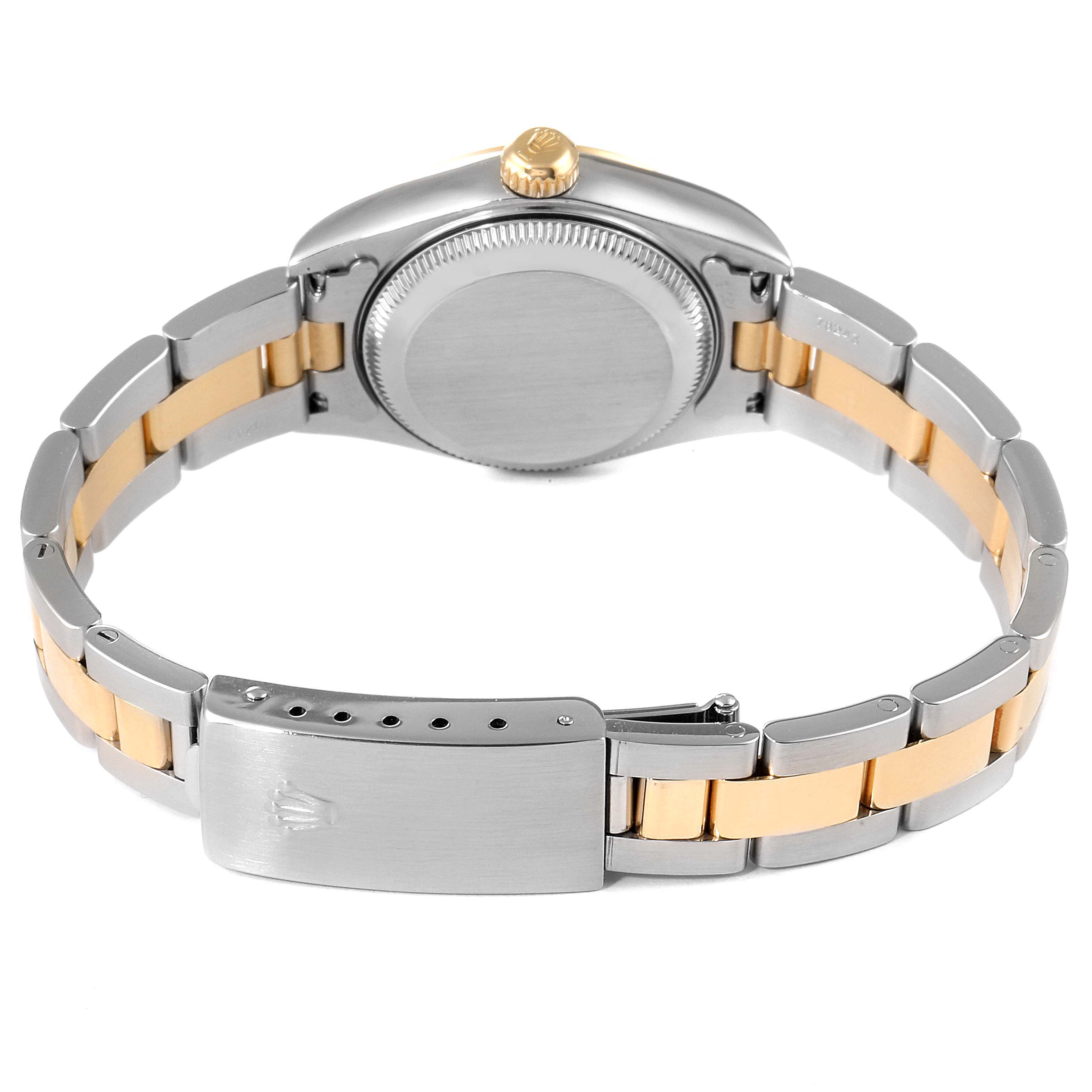 The image shows the back case, gold crown, and two-tone bracelet of a Rolex Datejust 79163 Women's Steel and Gold (two tone) Black Dial 79163 Women's Steel and Gold (two tone) Black Dial watch.