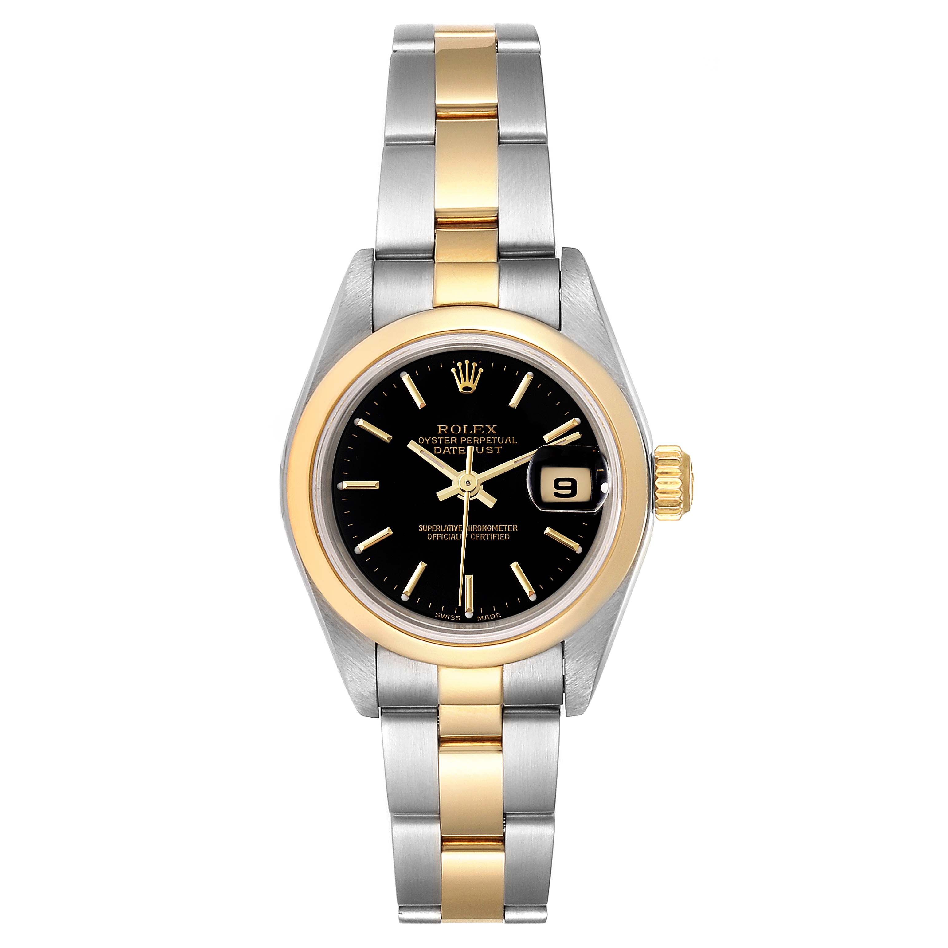 The image shows a front view of a Rolex Datejust 79163 Women's Steel and Gold (two tone) Black Dial 79163 Women's Steel and Gold (two tone) Black Dial watch, featuring its dial, bezel, crown, and two-tone bracelet.