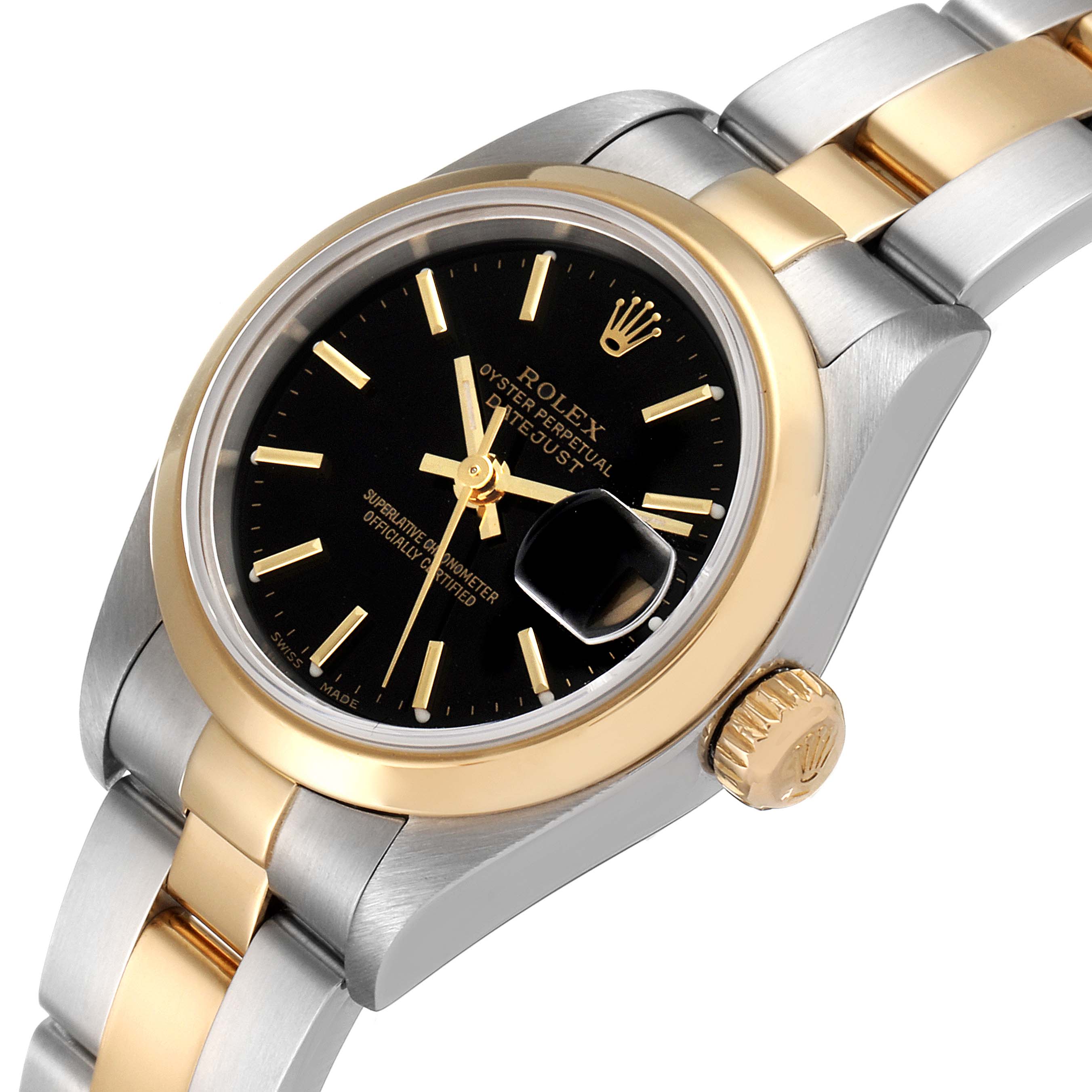 This image shows a side angle of a Rolex Datejust 79163 Women's Steel and Gold (two tone) Black Dial 79163 Women's Steel and Gold (two tone) Black Dial watch, highlighting the black dial, gold bezel, crown, and bracelet.